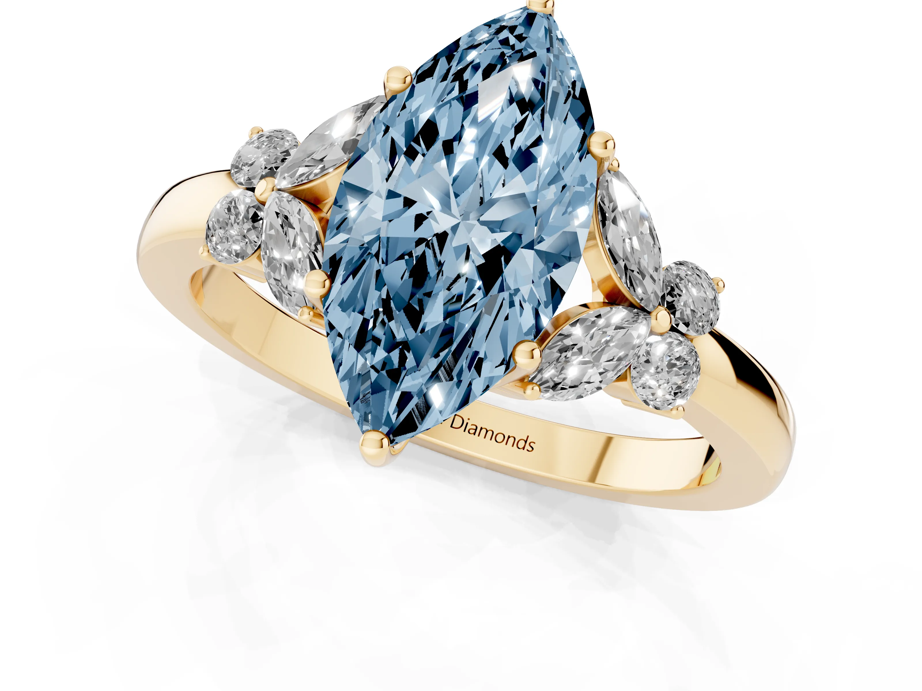 Fancy Blue Marquise Cut Diamond Solitaire Floral Ring Set in Yellow gold with Marquise Petals and Prong Setting