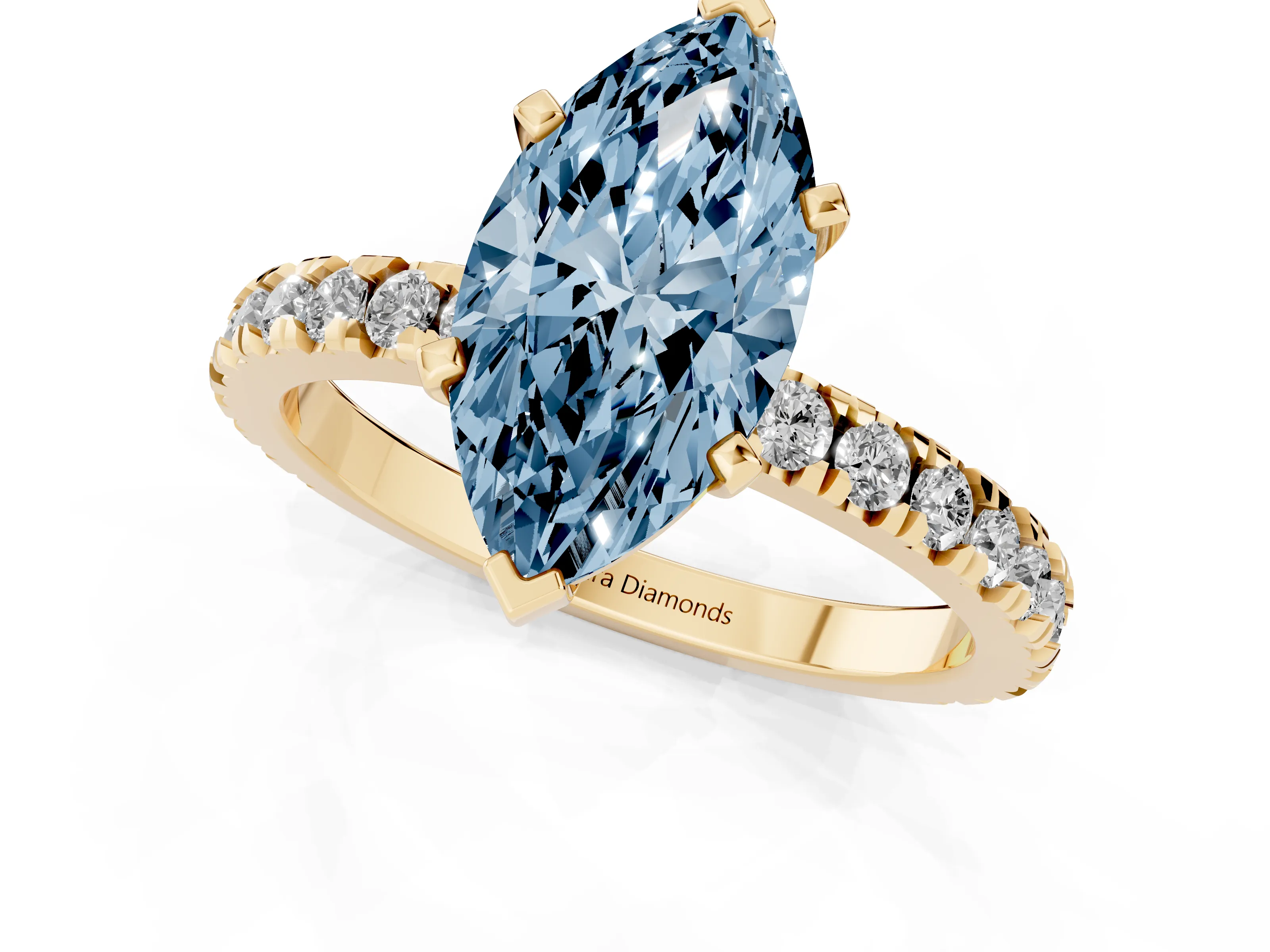 Fancy Blue Marquise Cut Diamond Pavé Band Solitaire Set in Yellow gold with Prong Setting