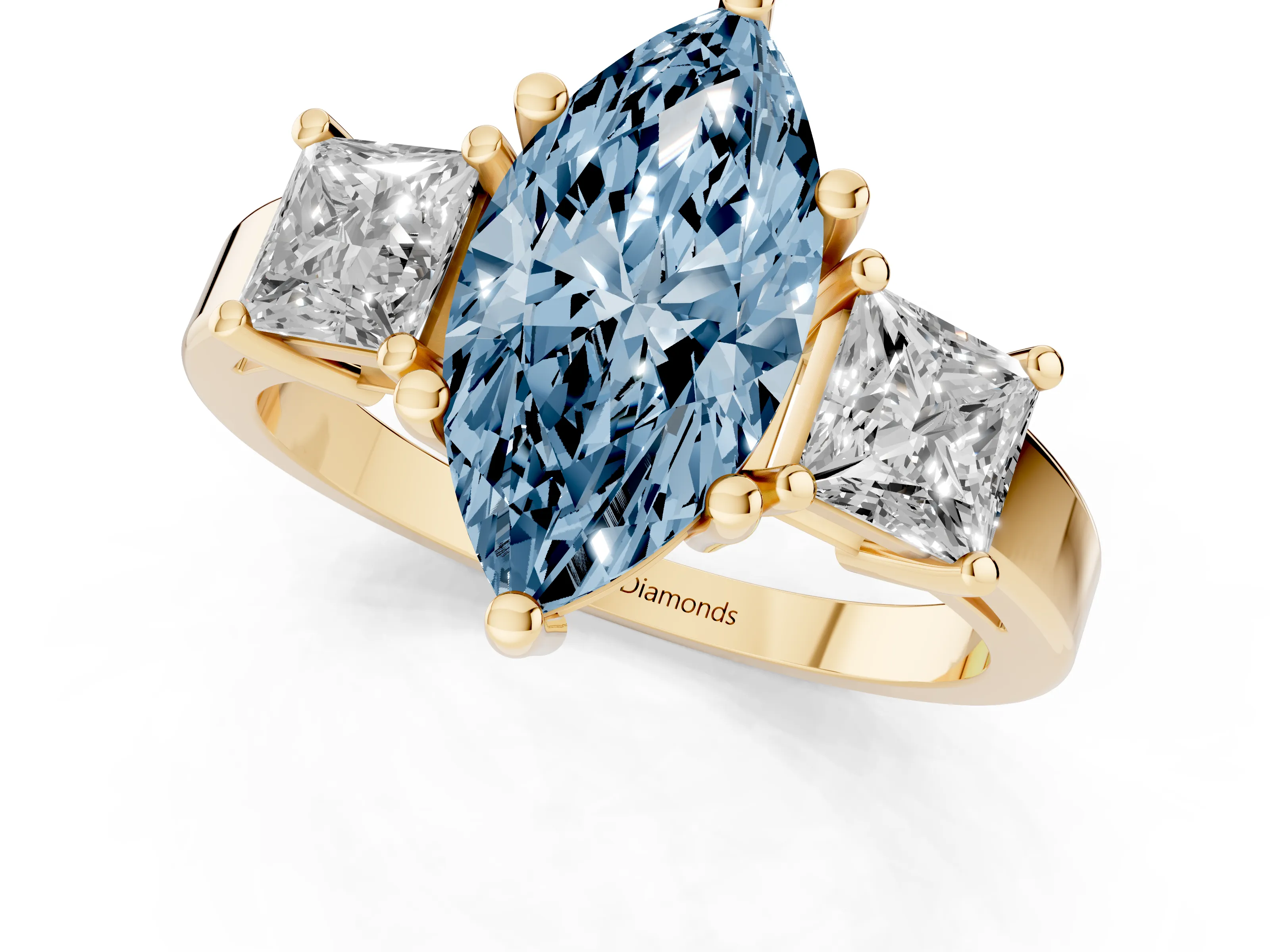 Fancy Blue Three-Stone Marquise Cut Diamond Solitaire Ring Set in Yellow gold with Prong Setting