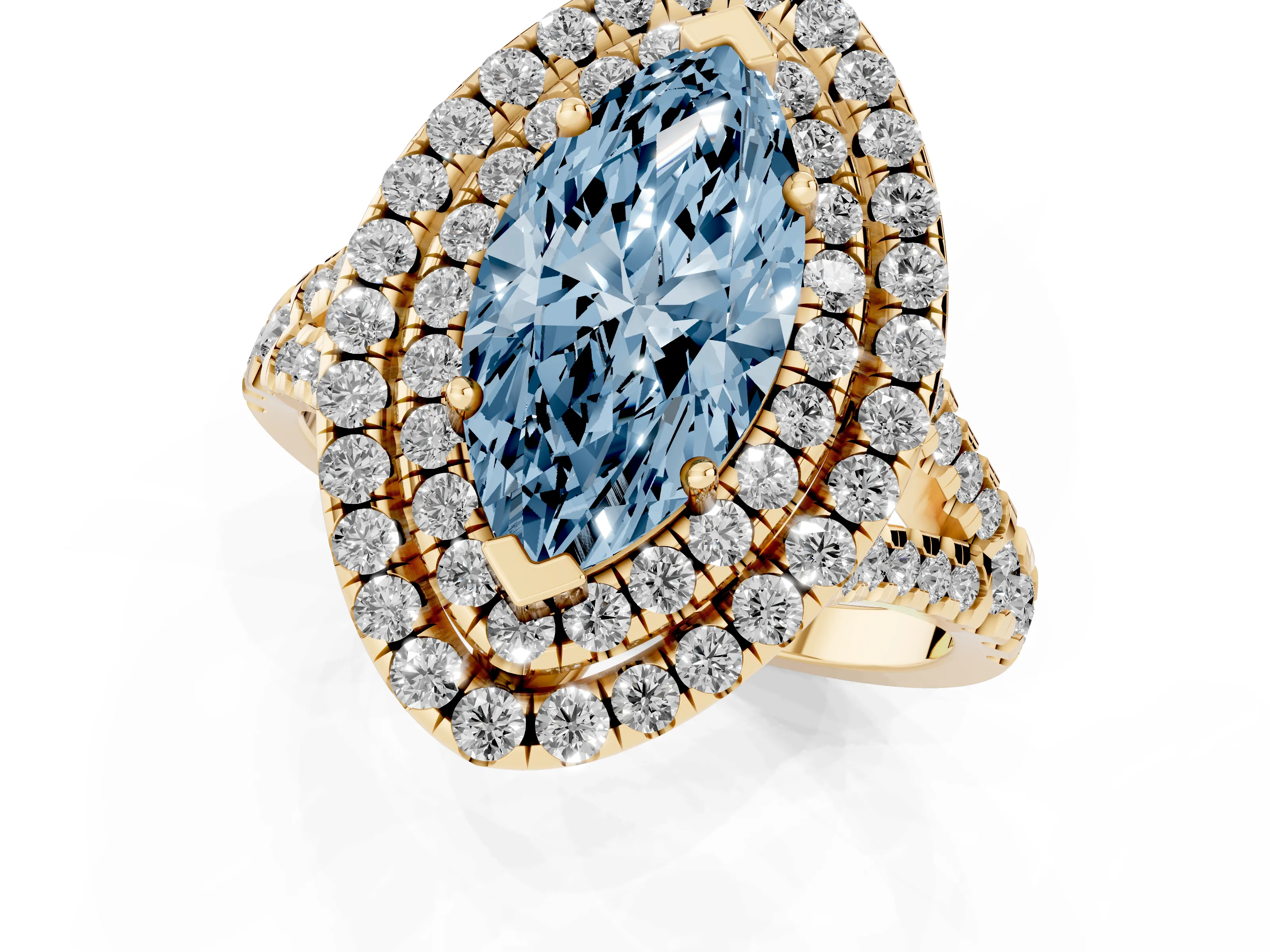 Fancy Blue Marquise Cut Diamond Double Halo Ring Set in Yellow gold with Pavé Split Shank and Prong Setting