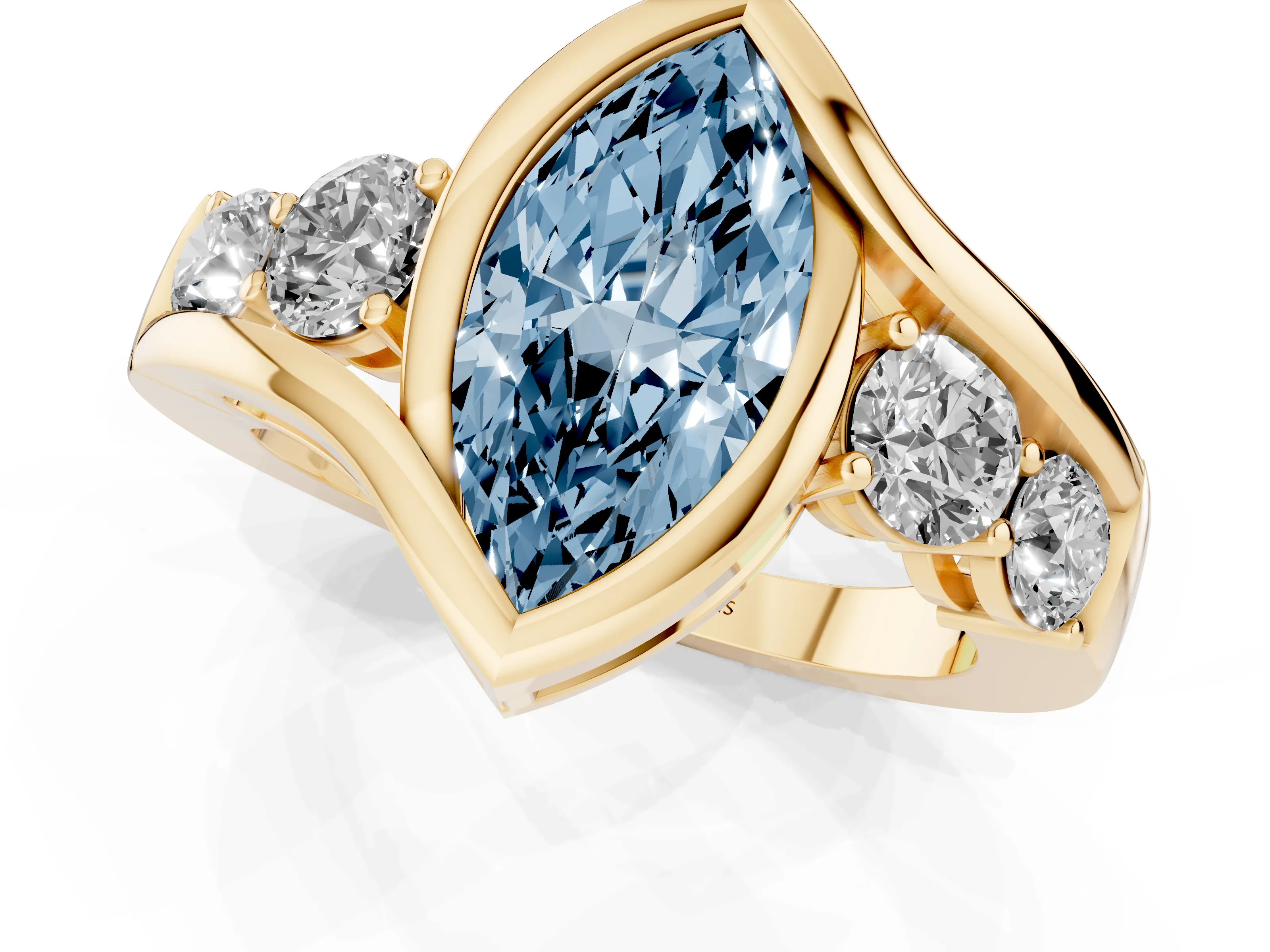 Fancy Blue Marquise Cut Diamond Bezel Bypass Ring Set in Yellow gold with Round Accents