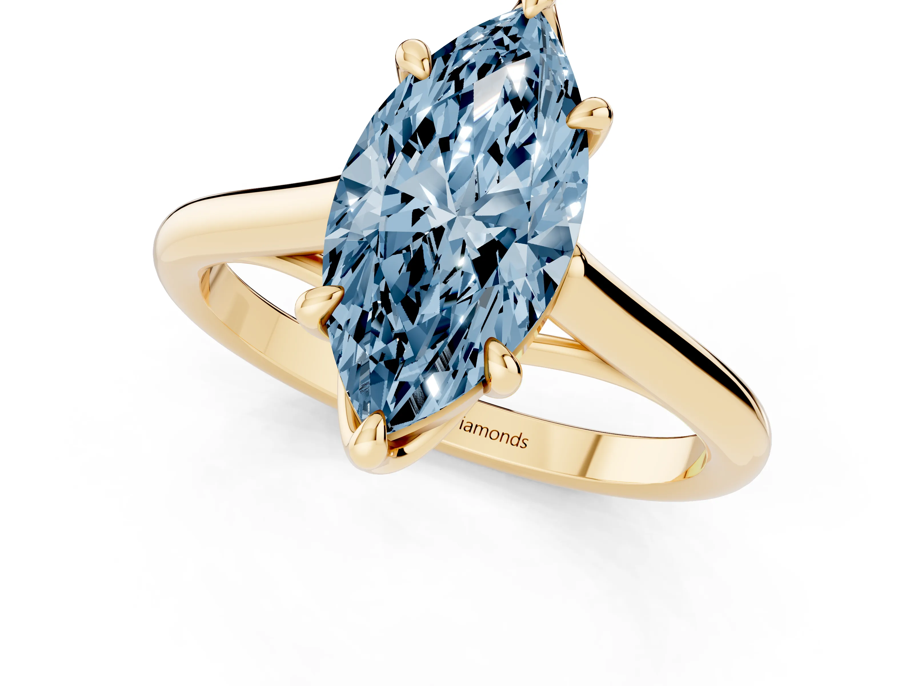 Fancy Blue Marquise Cut Diamond Solitaire Engagement Ring Set in Yellow gold with Prong Setting and Plain Classic Band