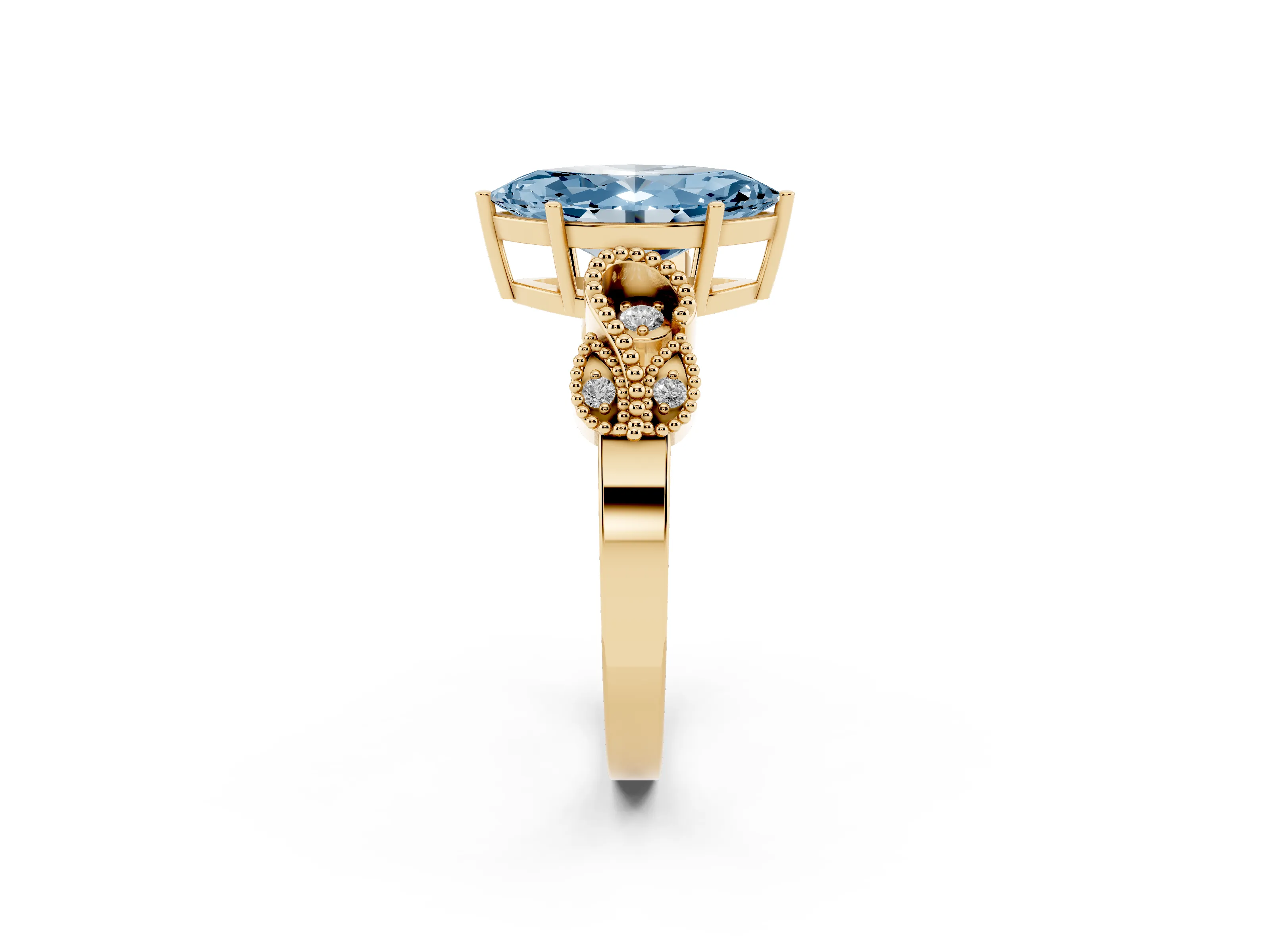 Fancy Blue Marquise Cut Diamond Milgrain Leaf Band Solitaire Ring Set in Yellow gold with Accent Stones and Prong Setting