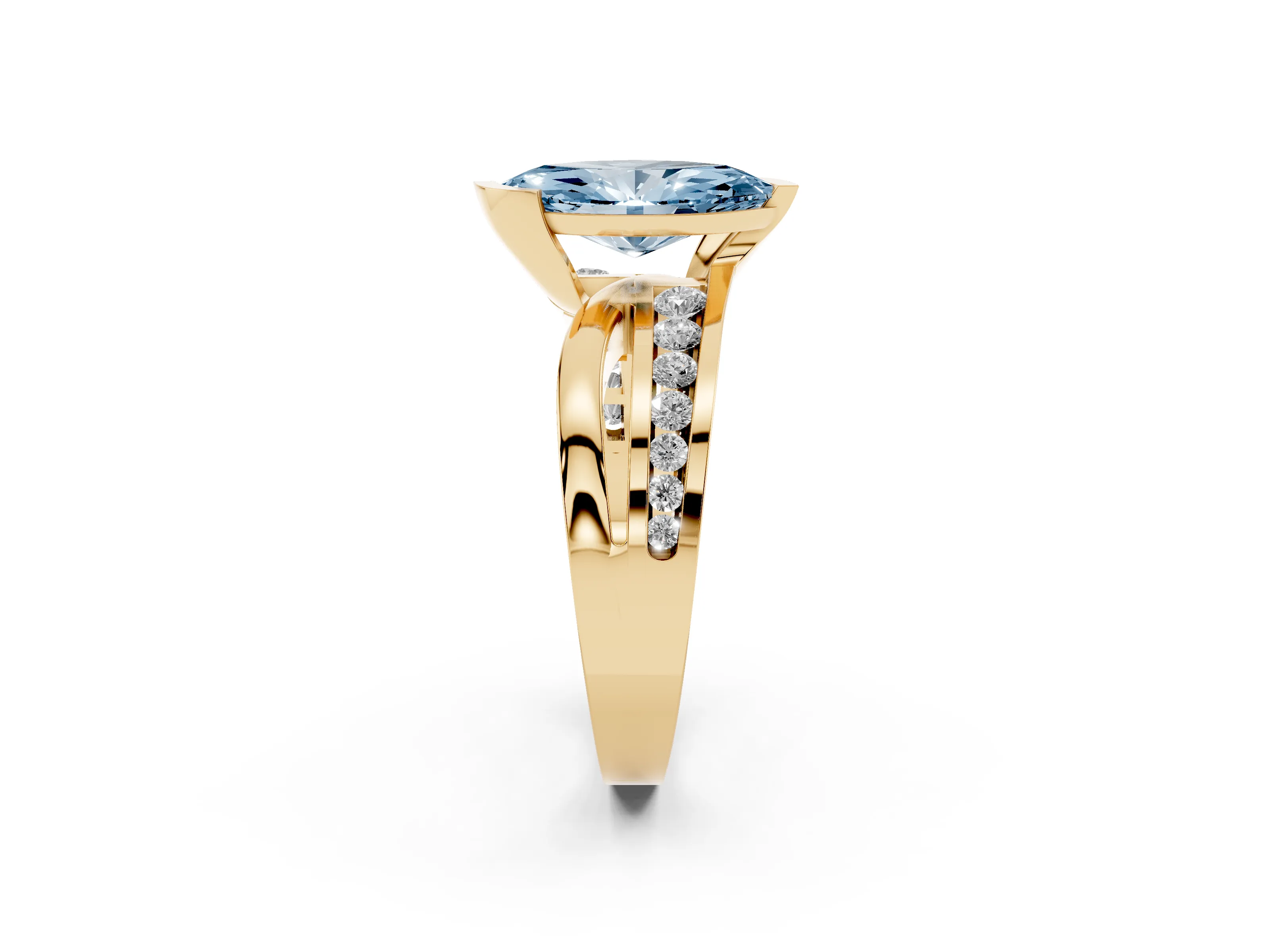 Fancy Blue Marquise Cut Diamond Solitaire Ring Set in Yellow gold with Channel Set Split Shank and Tension Prongs