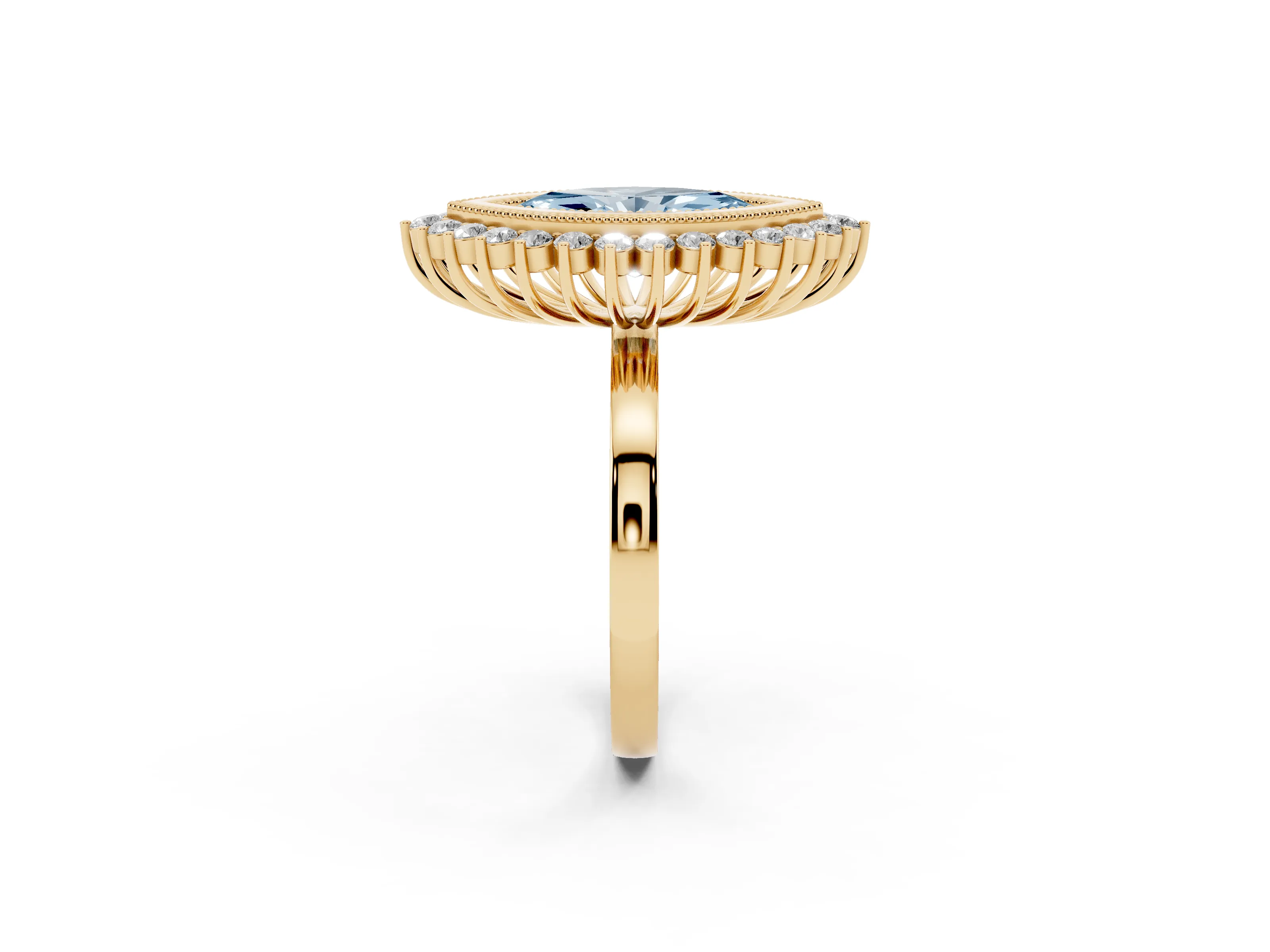 Fancy Blue Marquise Cut Diamond Halo Ring Set in Yellow gold with Milgrain Edge and Round Prong Setting