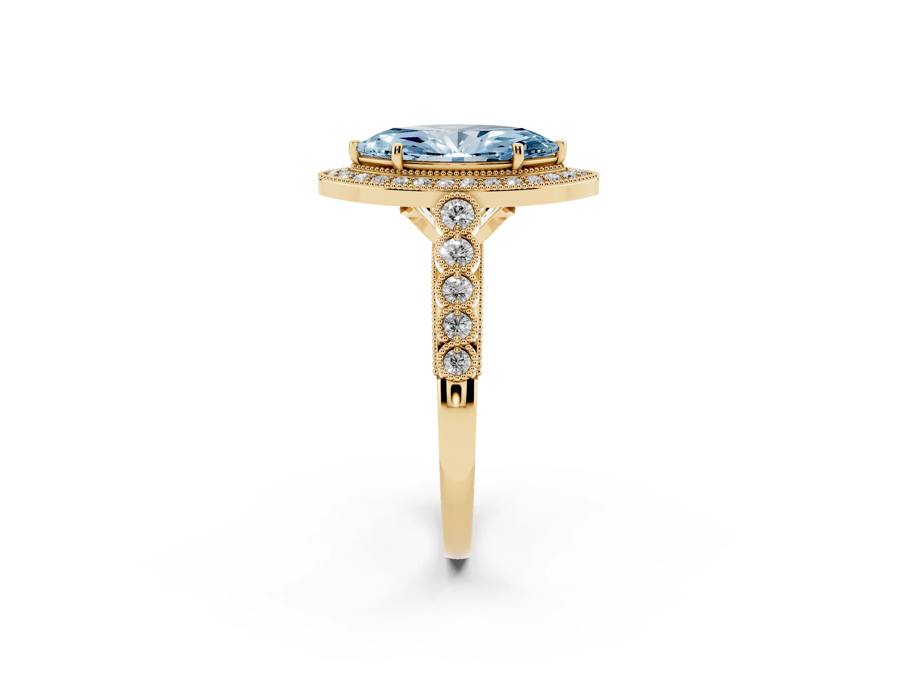 Fancy Blue Marquise Cut Diamond Milgrain Halo Solitaire Ring Set in Yellow gold with Bezel Set Side Stones and Pavé Band