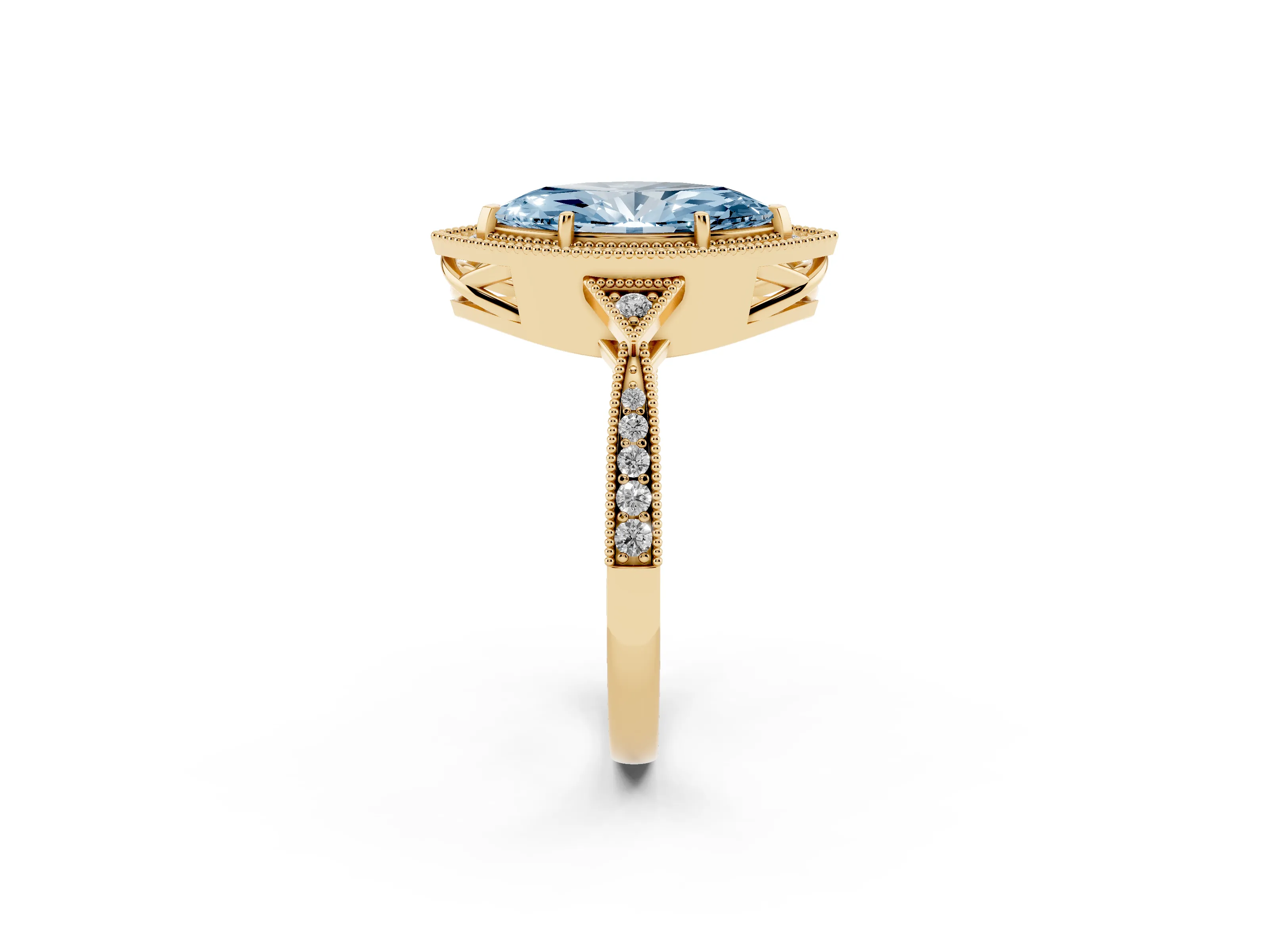 Fancy Blue Marquise Cut Diamond Halo Engagement Ring Set in Yellow gold with Milgrain Pavé Band