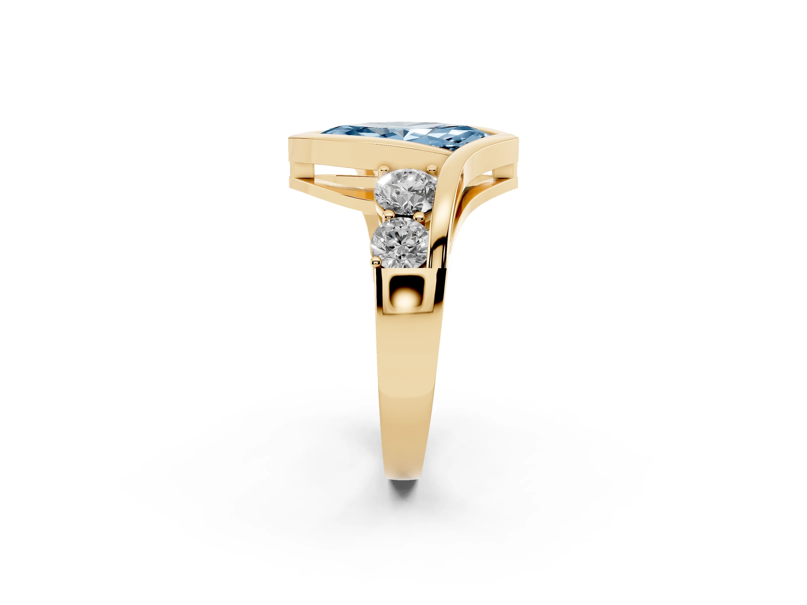 Fancy Blue Marquise Cut Diamond Bezel Bypass Ring Set in Yellow gold with Round Accents