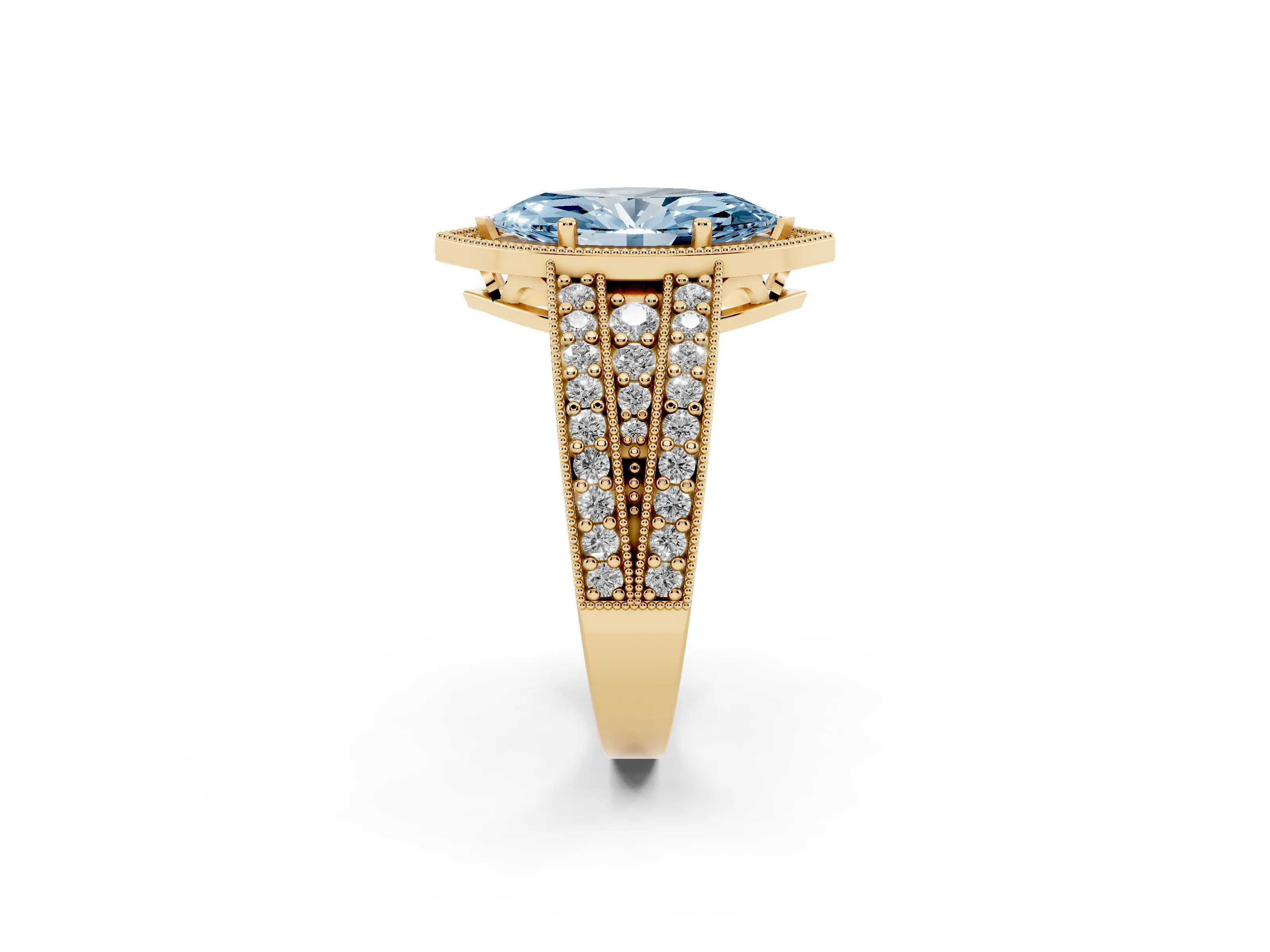 Fancy Blue Marquise Cut Diamond Halo Ring Set in Yellow gold with Accent Split Shank and Prong Setting