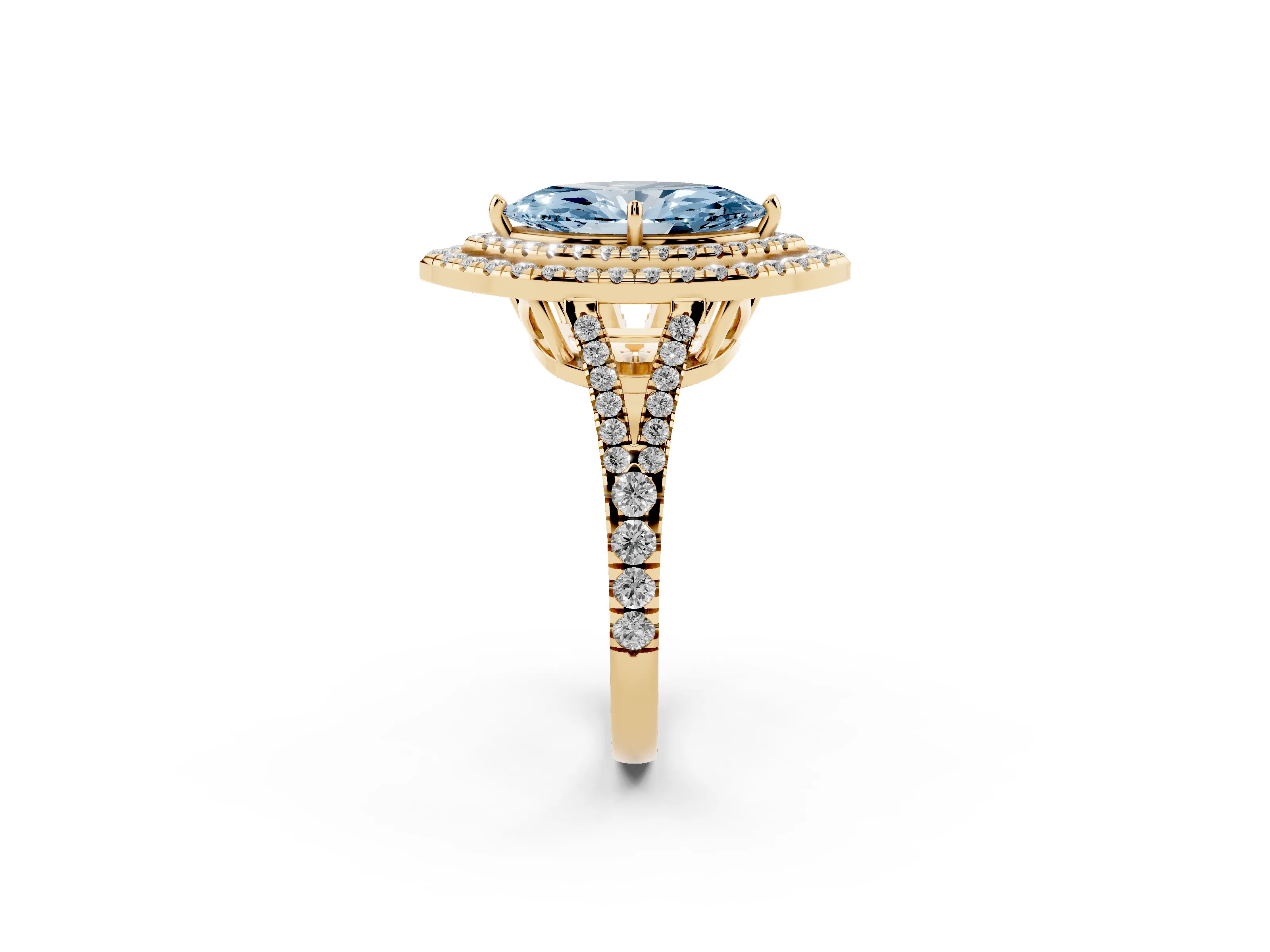 Fancy Blue Marquise Cut Diamond Double Halo Ring Set in Yellow gold with Pavé Band
