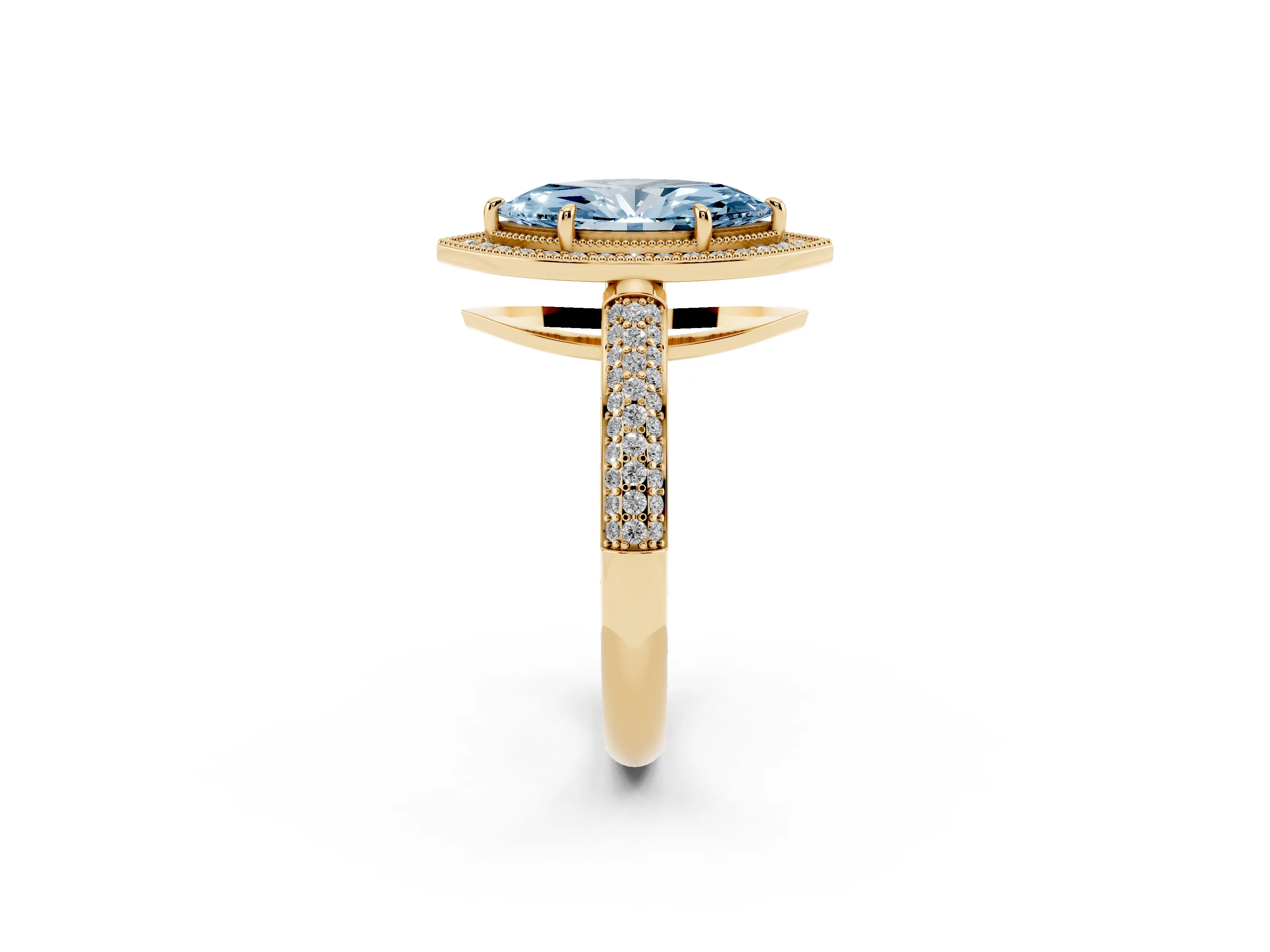 Fancy Blue Marquise Cut Diamond Halo Pavé Band Set in Yellow gold with Prong Setting