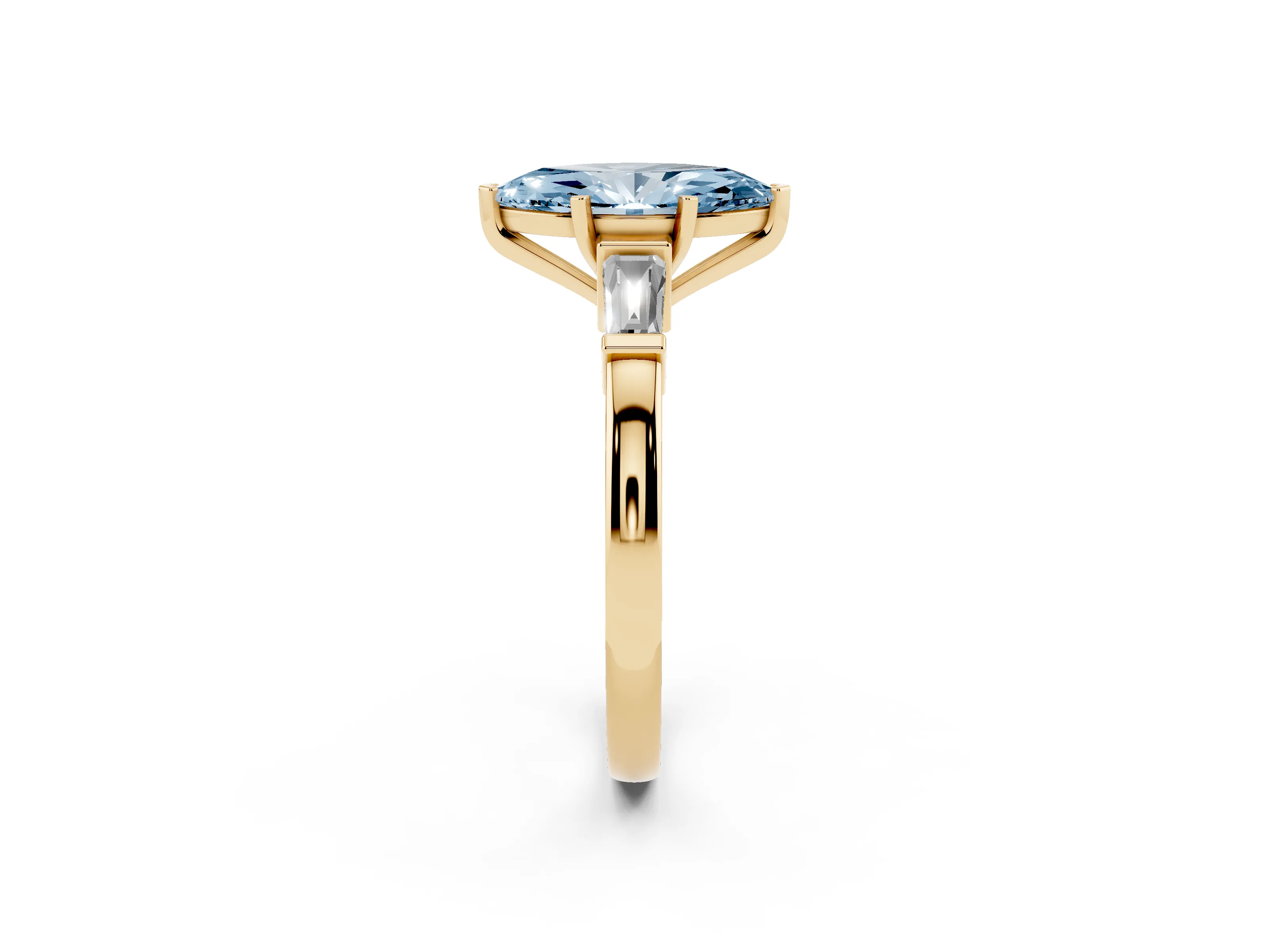 Fancy Blue Marquise Cut Diamond Solitaire Ring Set in Yellow gold with Tapered Baguette Accents and Prong Setting