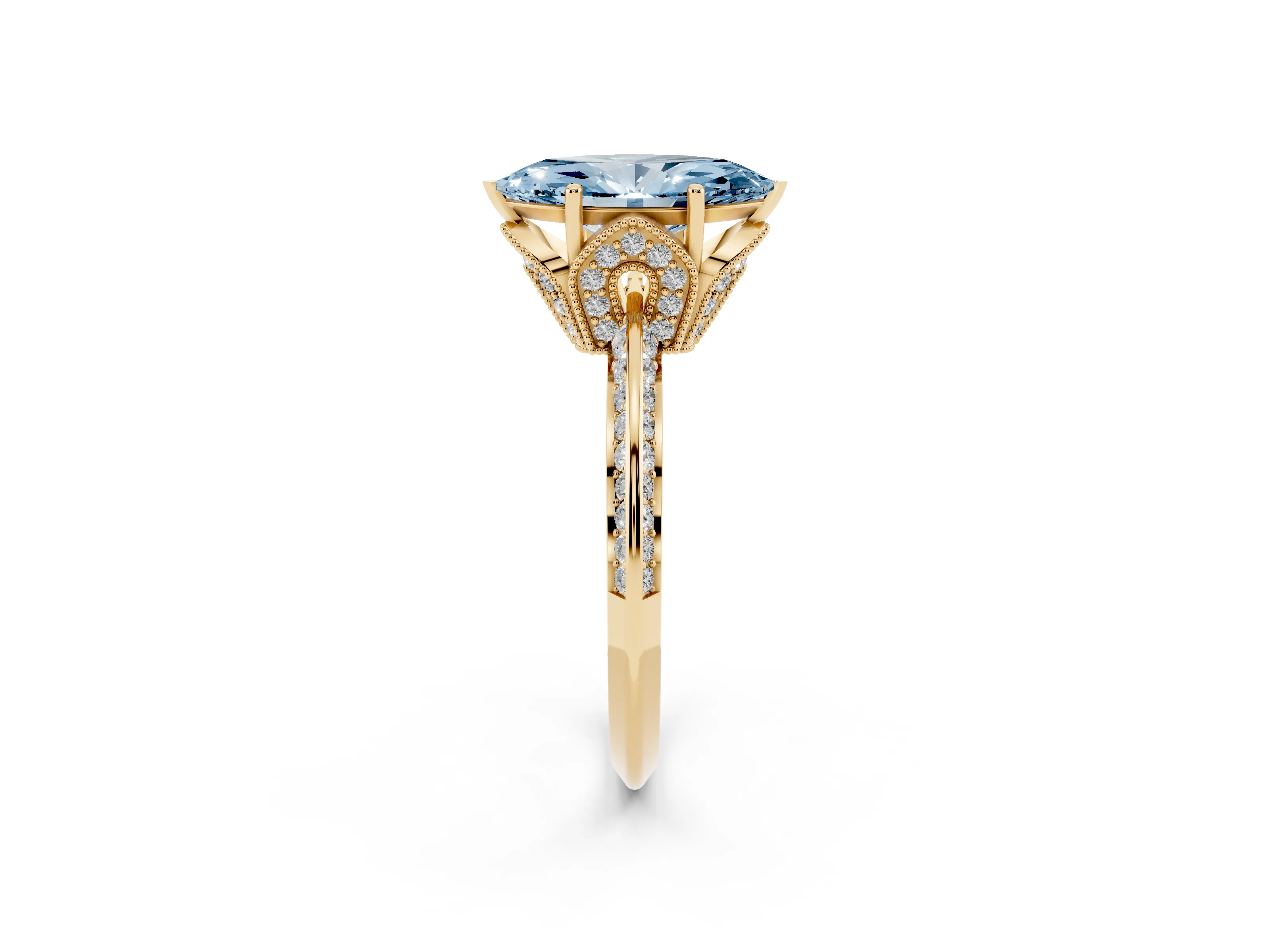 Fancy Blue Marquise Cut Diamond Solitaire Engagement Ring Set in Yellow gold with Pavé Split Shank and Prong Setting