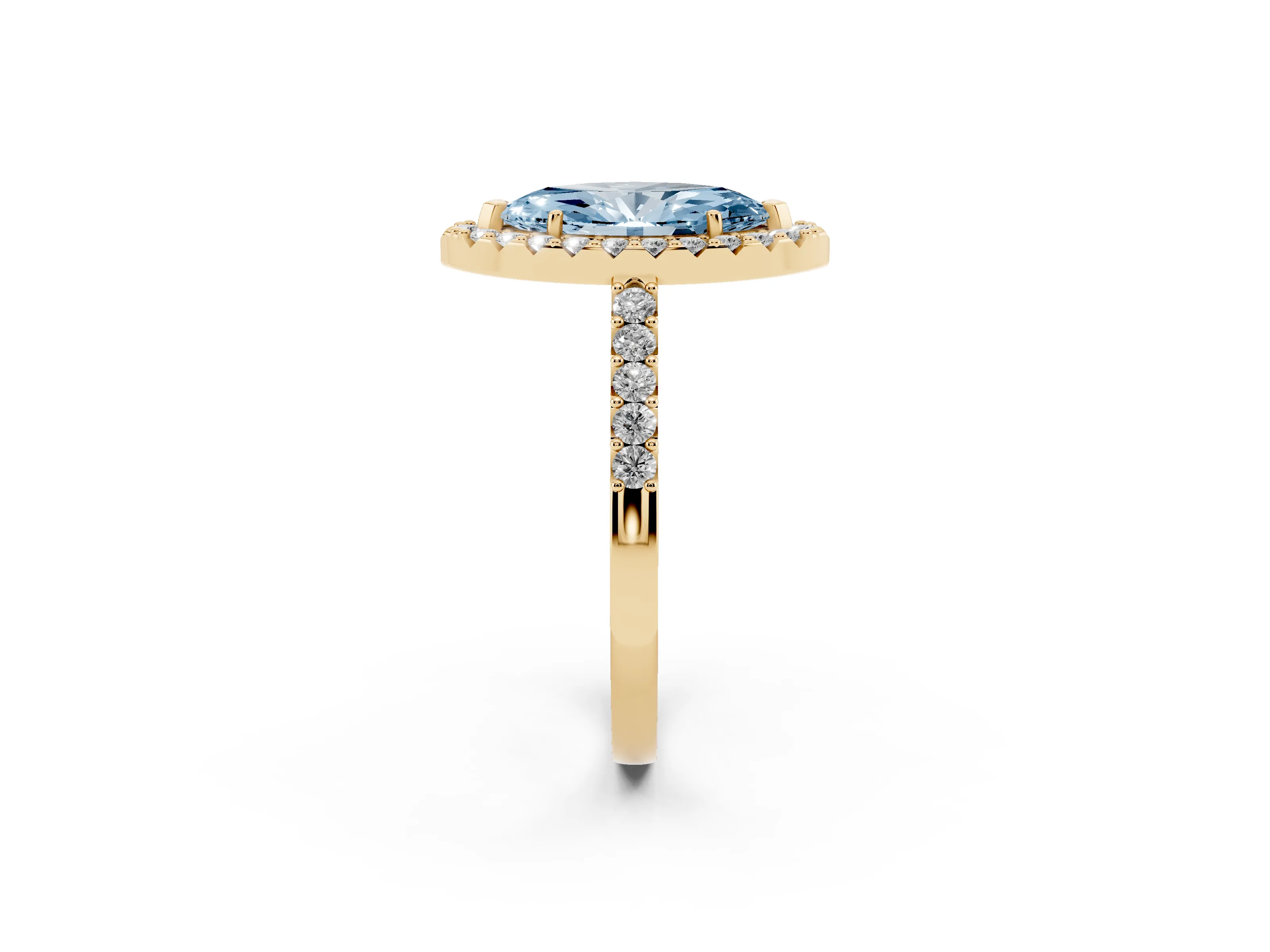 Fancy Blue Marquise Cut Diamond Halo Pavé Solitaire Ring Set in Yellow gold with Prong-Set Center Stone