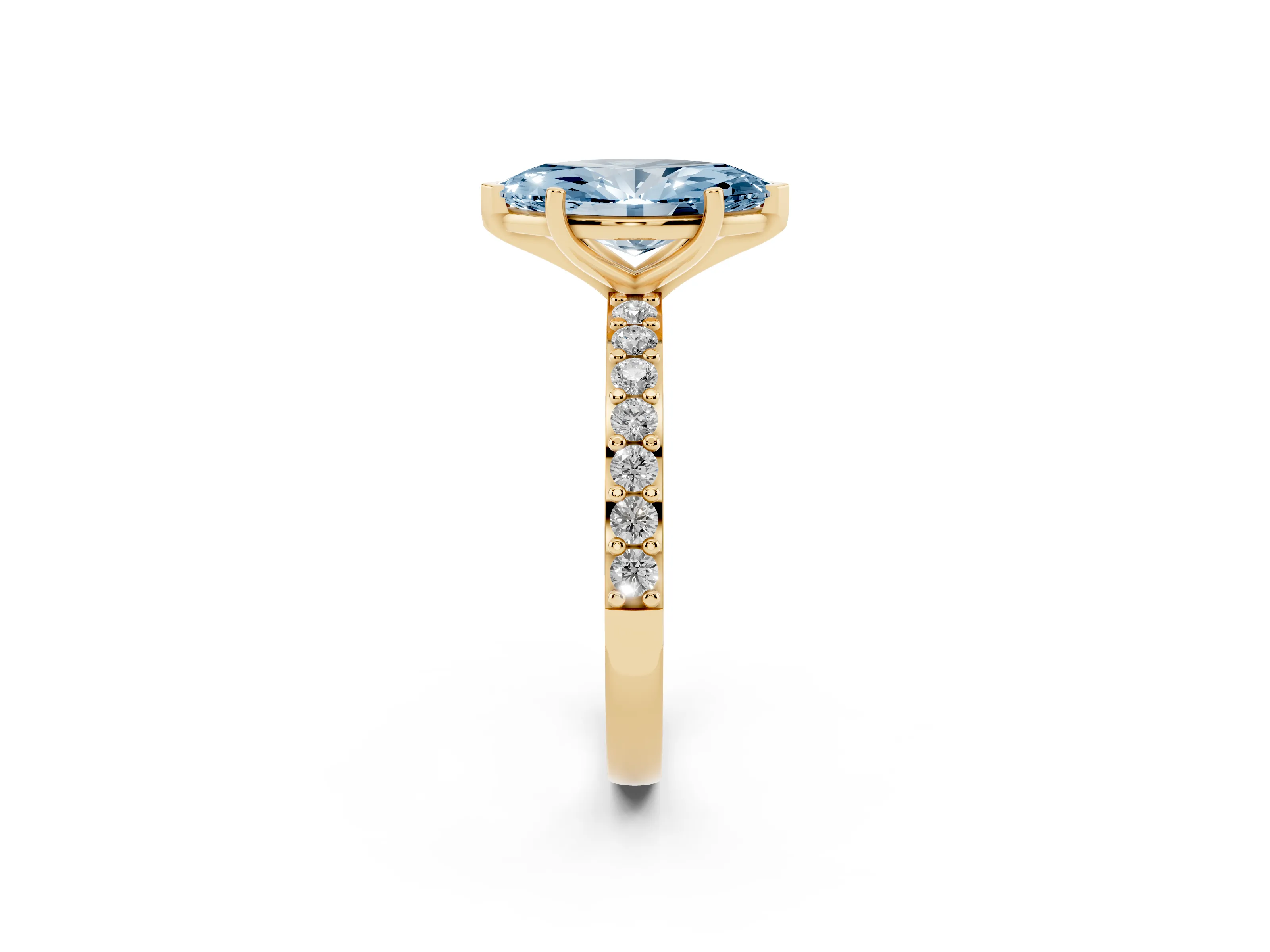 Fancy Blue Marquise Cut Diamond Solitaire Set in Yellow gold with Round Pavé Band and Prong Setting