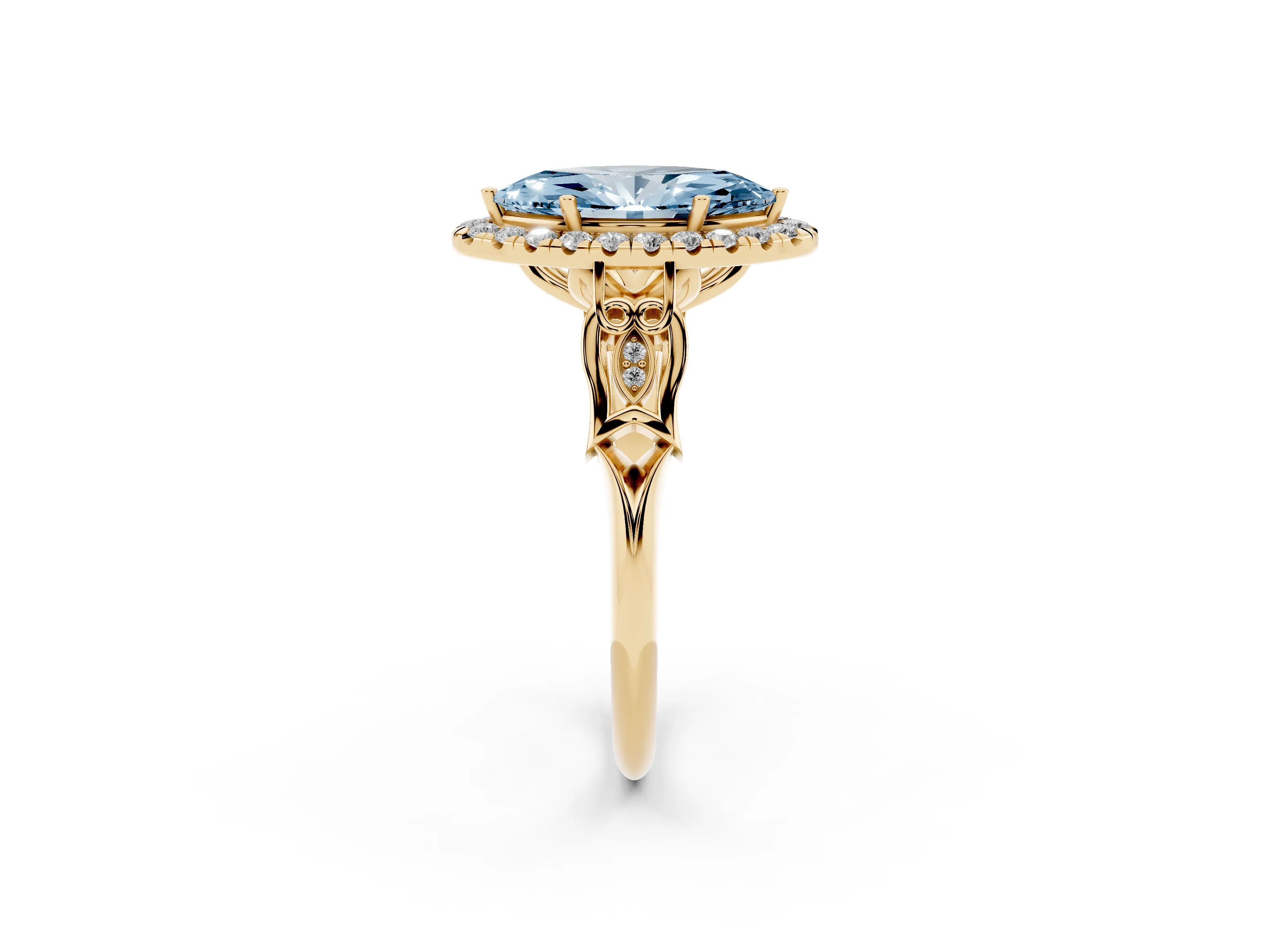 Fancy Blue Marquise Cut Diamond Halo Engagement Ring Set in Yellow gold with Filigree Band and Prong-Set Center