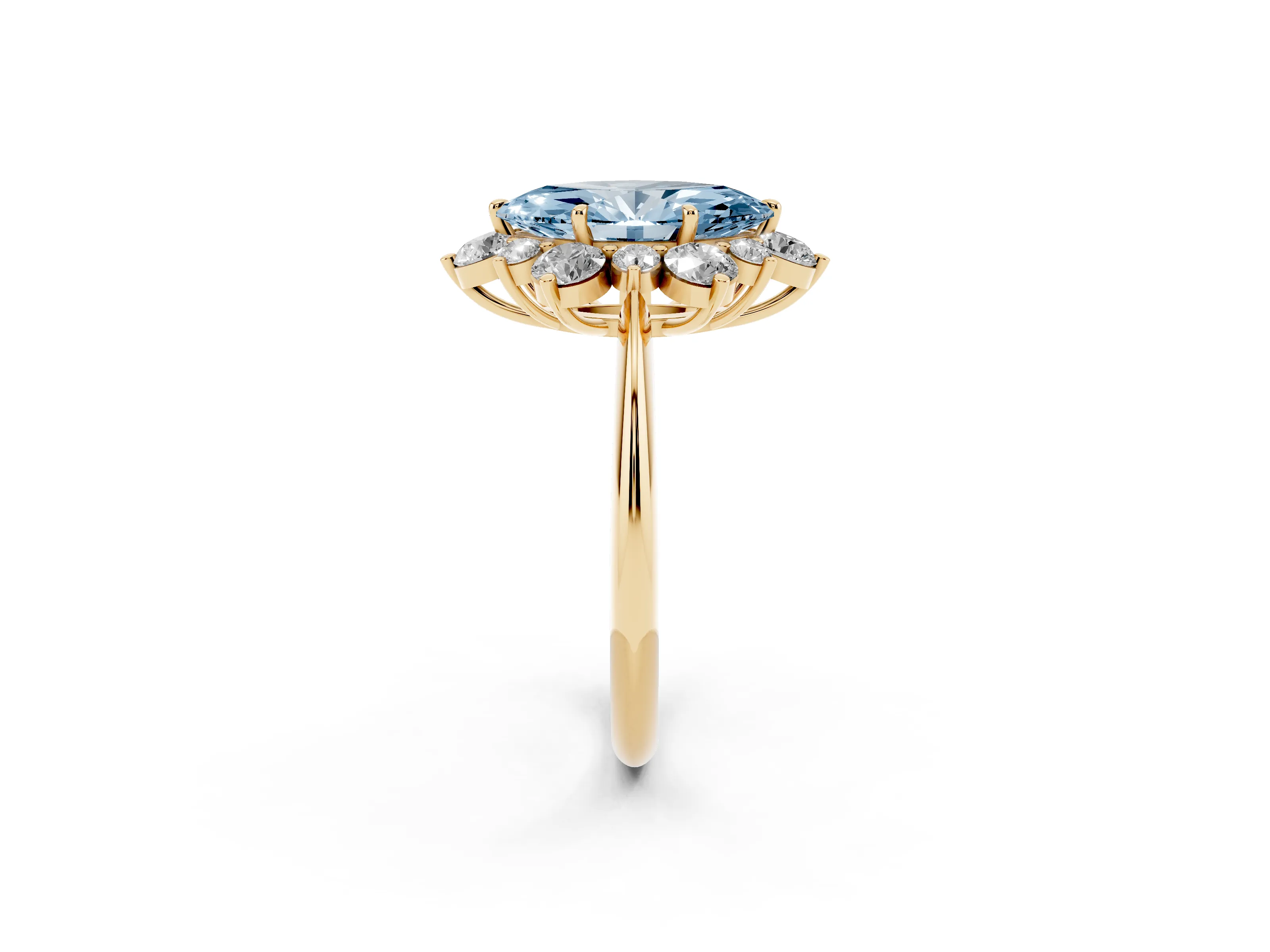 Fancy Blue Marquise Cut Diamond Cluster Halo Ring Set in Yellow gold with Solitaire Band and Prong Setting