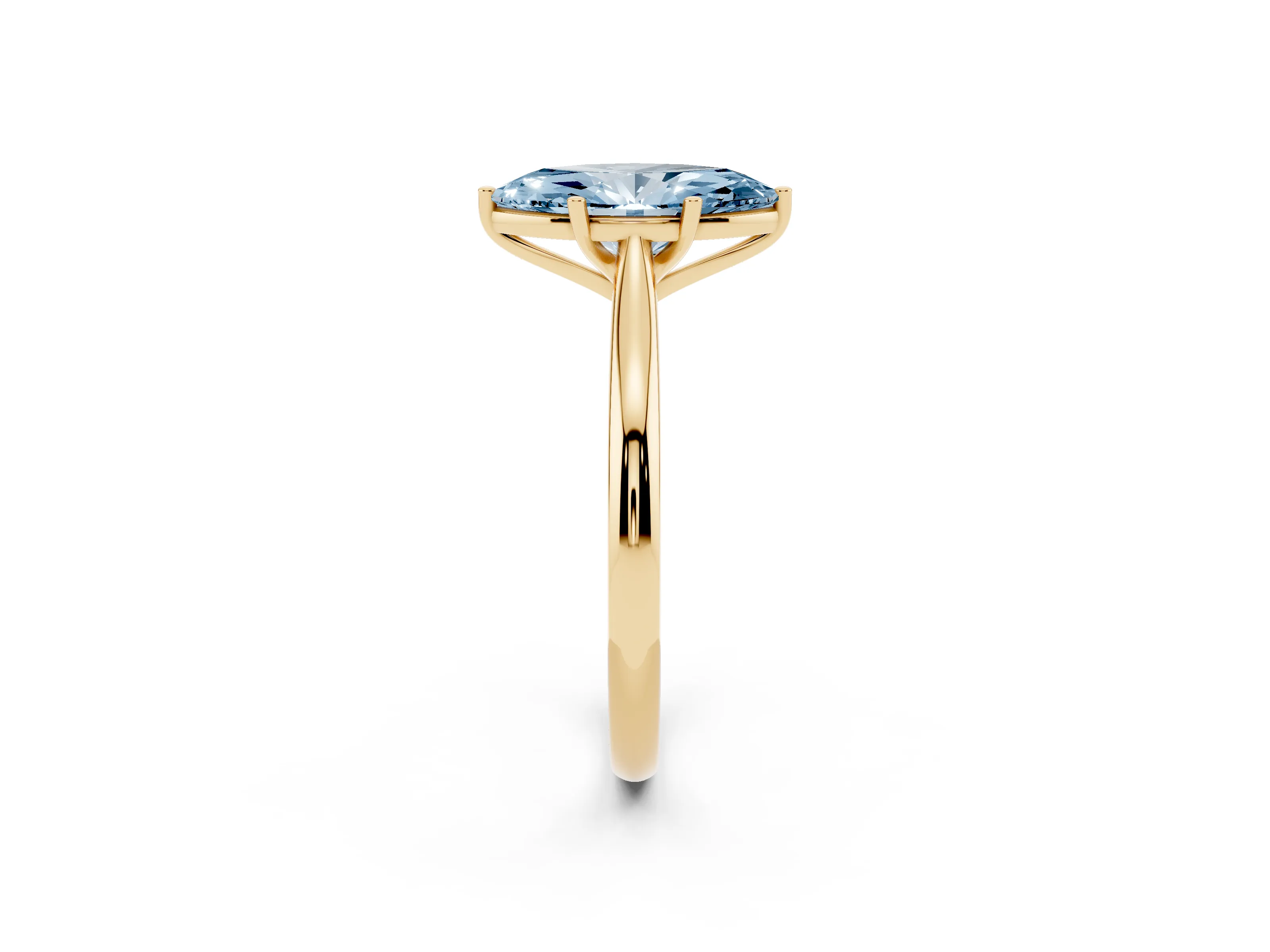 Fancy Blue Marquise Cut Diamond Solitaire Ring Set in Yellow gold with Cathedral Band and Prong Setting