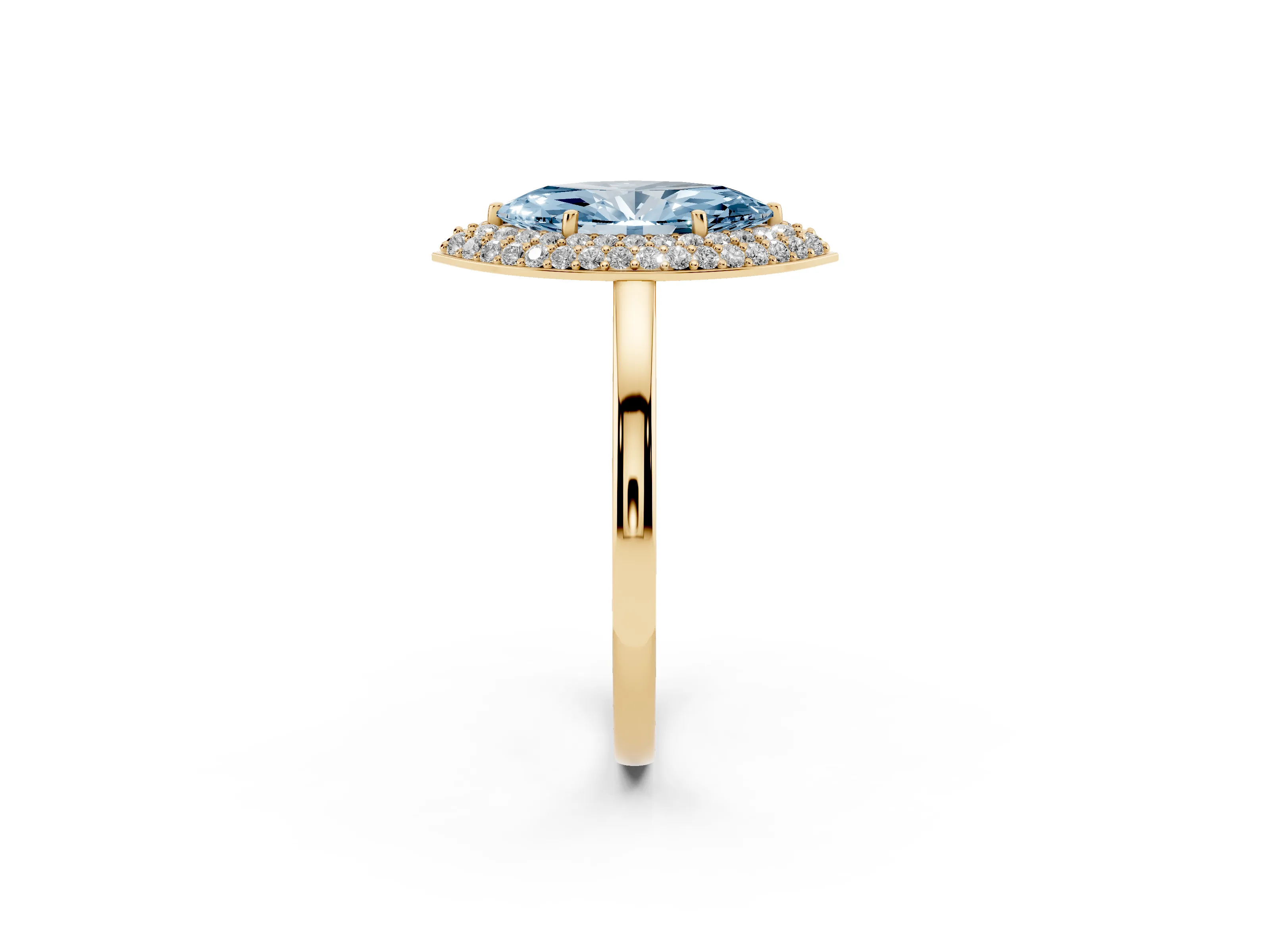 Fancy Blue Marquise Cut Diamond Halo Engagement Ring Set in Yellow gold with Solitaire Band and Prong Setting