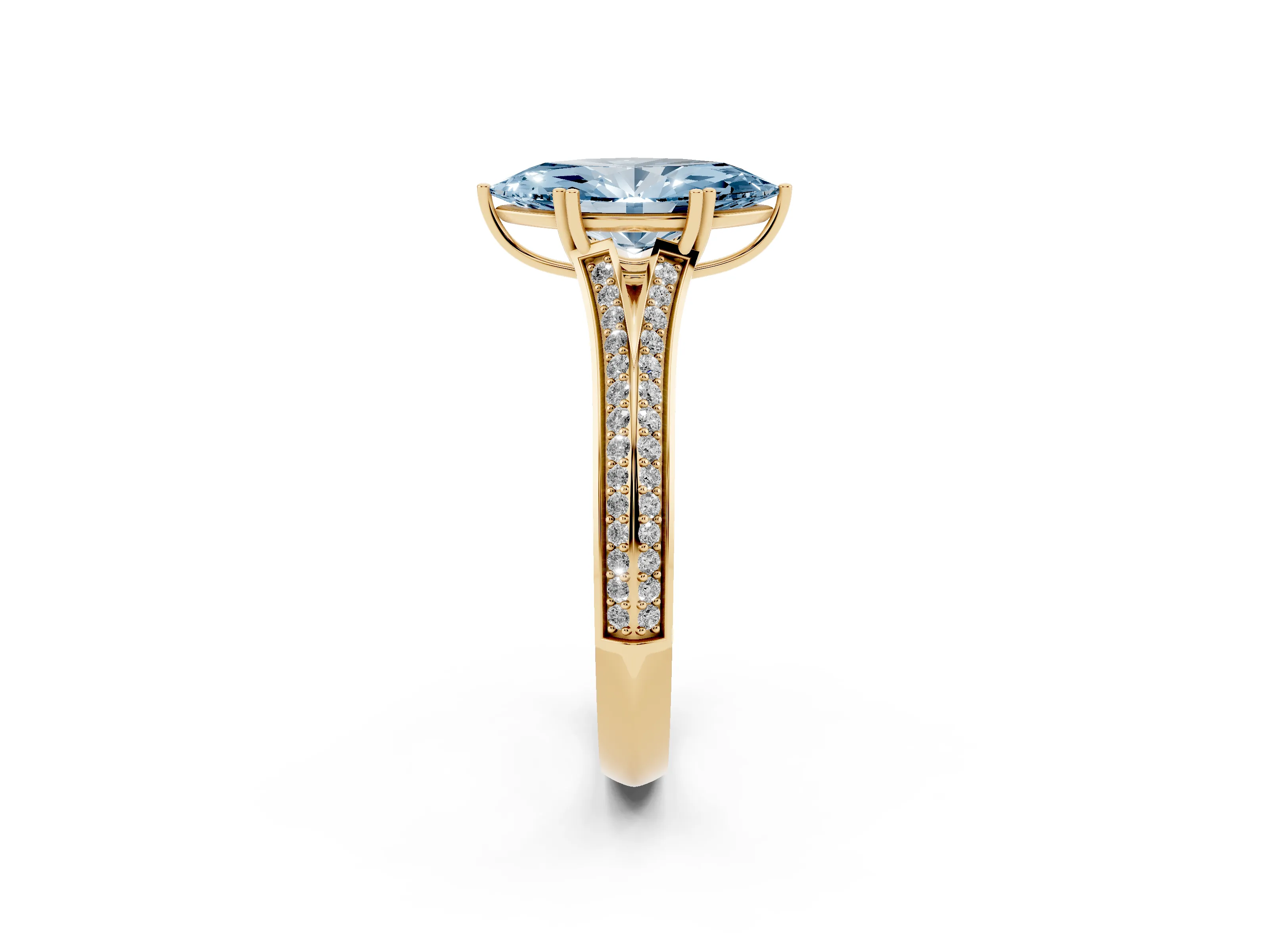 Fancy Blue Marquise Cut Diamond Split Shank Pavé Engagement Ring Set in Yellow gold with Prong-Set Center Stone