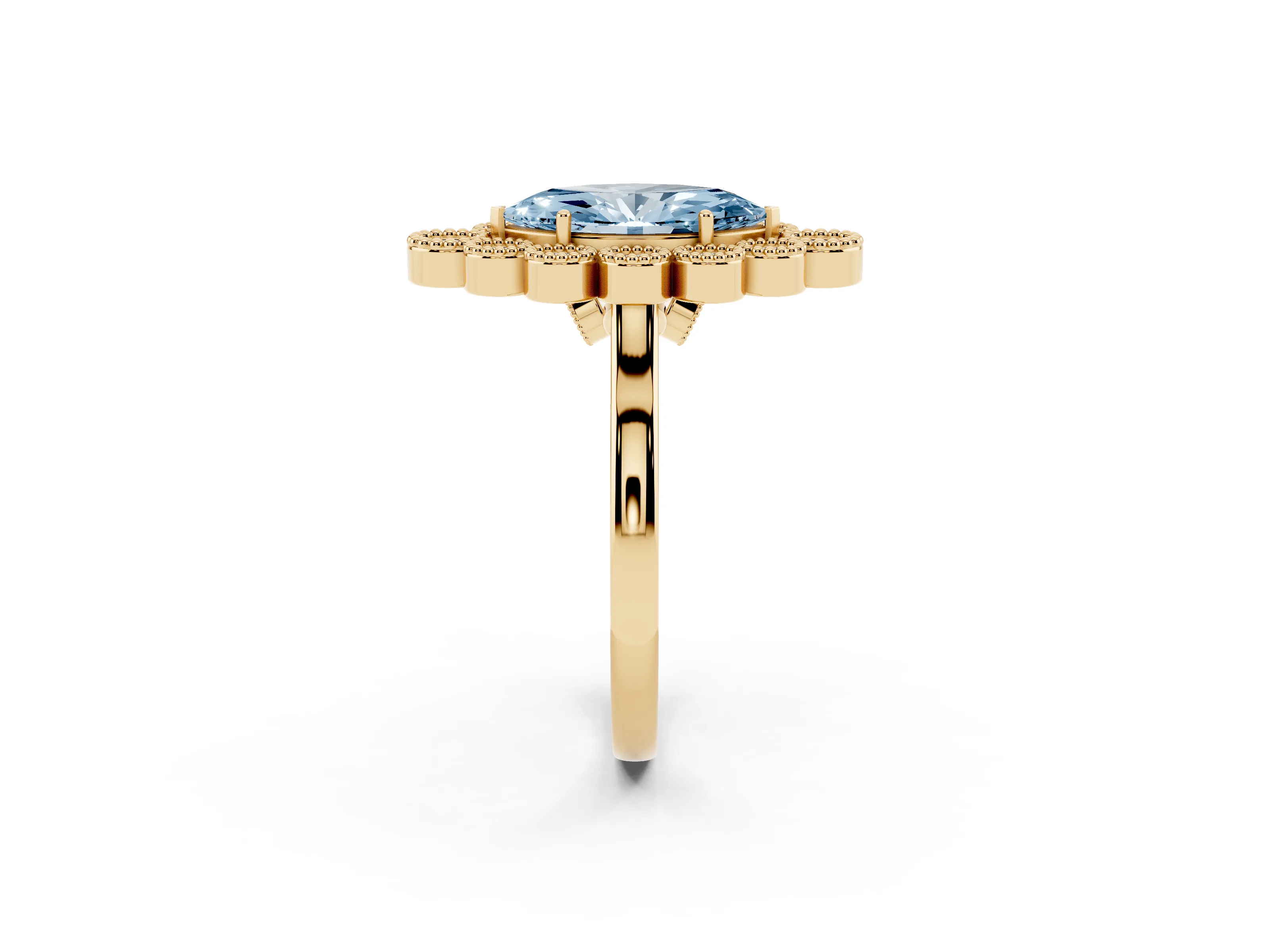 Fancy Blue Marquise Cut Diamond Cluster Halo Ring Set in Yellow gold with Milgrain Bezel Accents and Plain Band