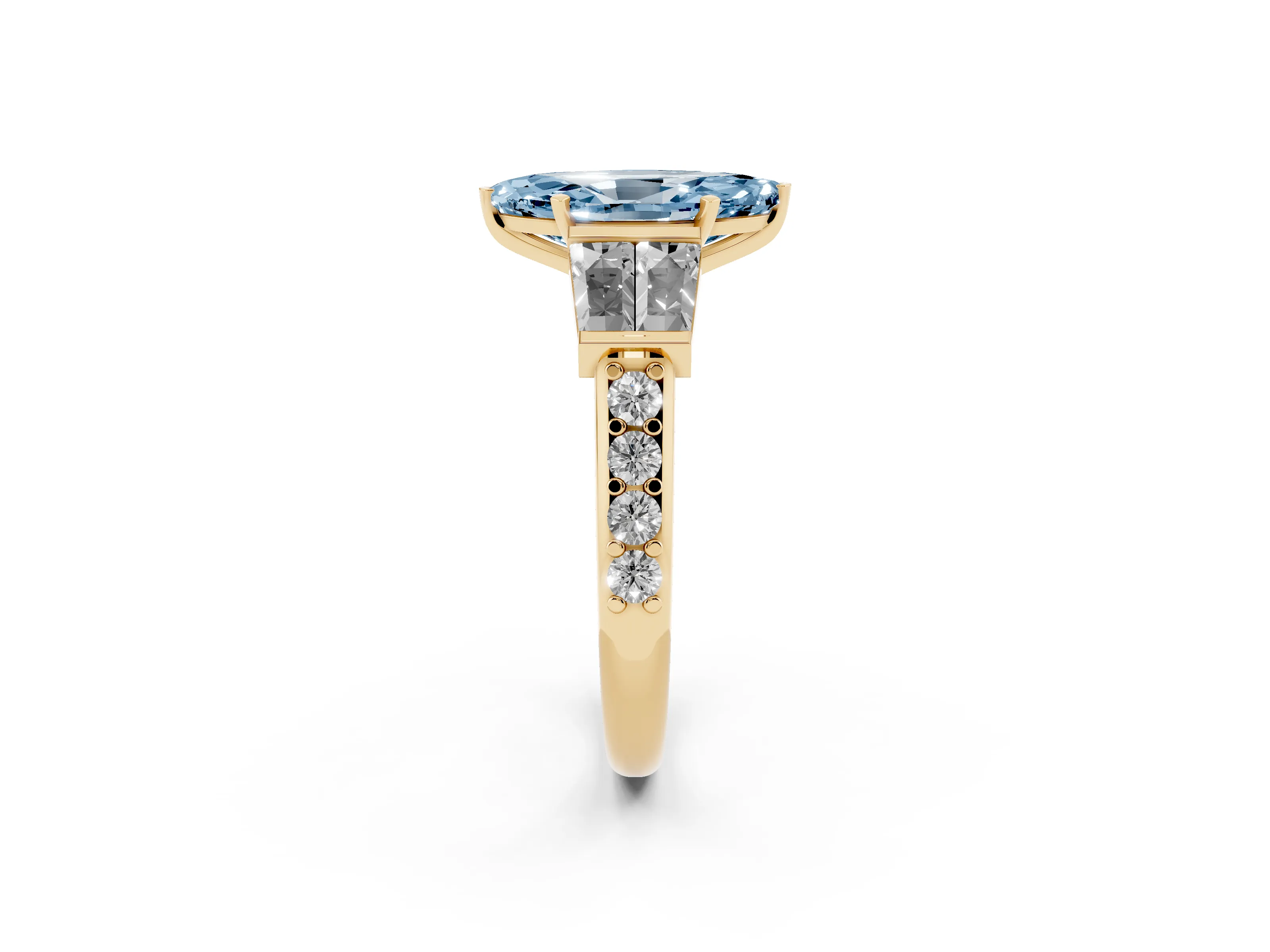 Fancy Blue Marquise Cut Diamond Engagement Ring Set in Yellow gold with Baguette Side Stones and Channel Set Band
