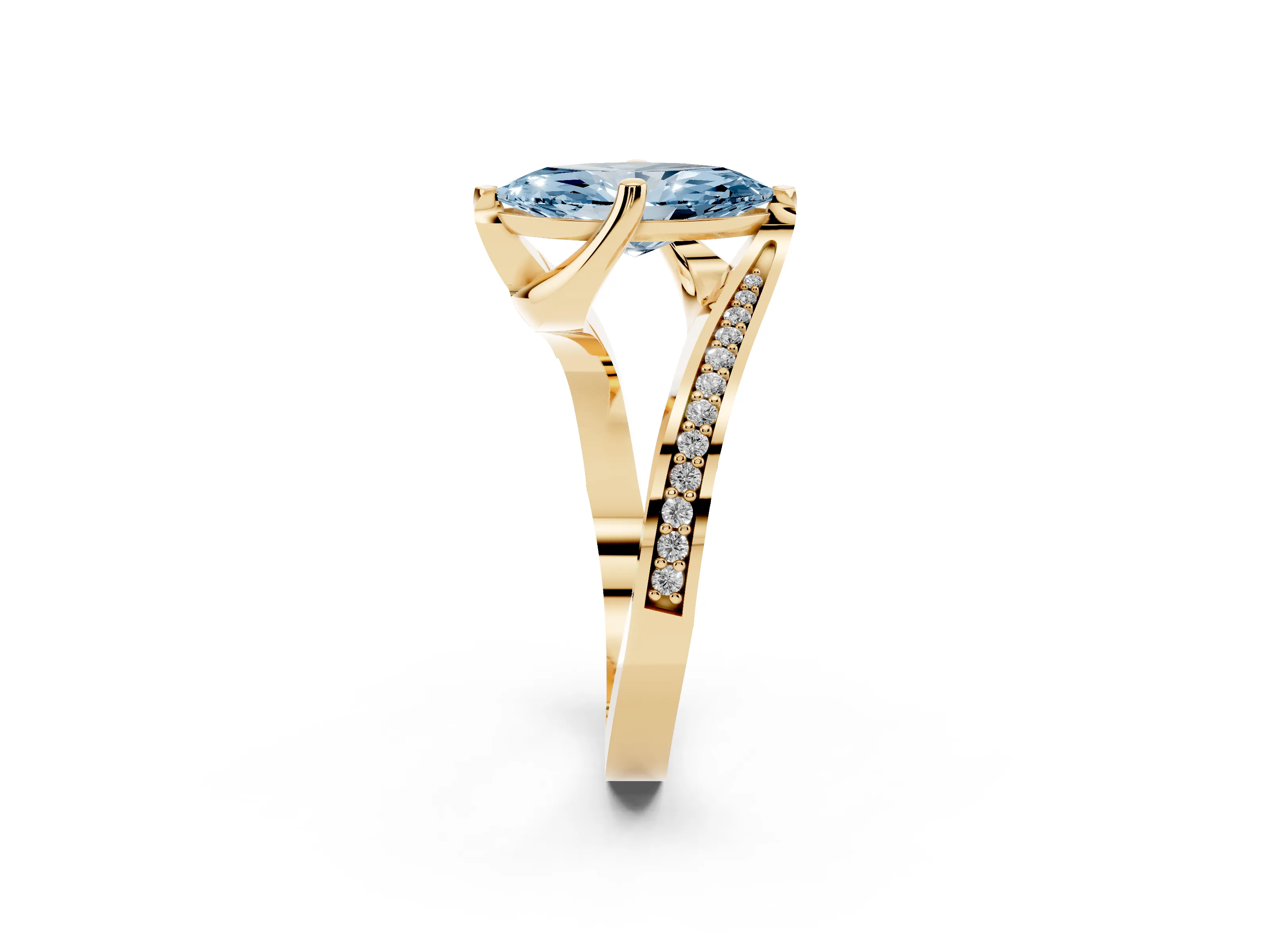 Fancy Blue Marquise Cut Diamond Solitaire Ring Set in Yellow gold with Intertwined Pavé Twist Band
