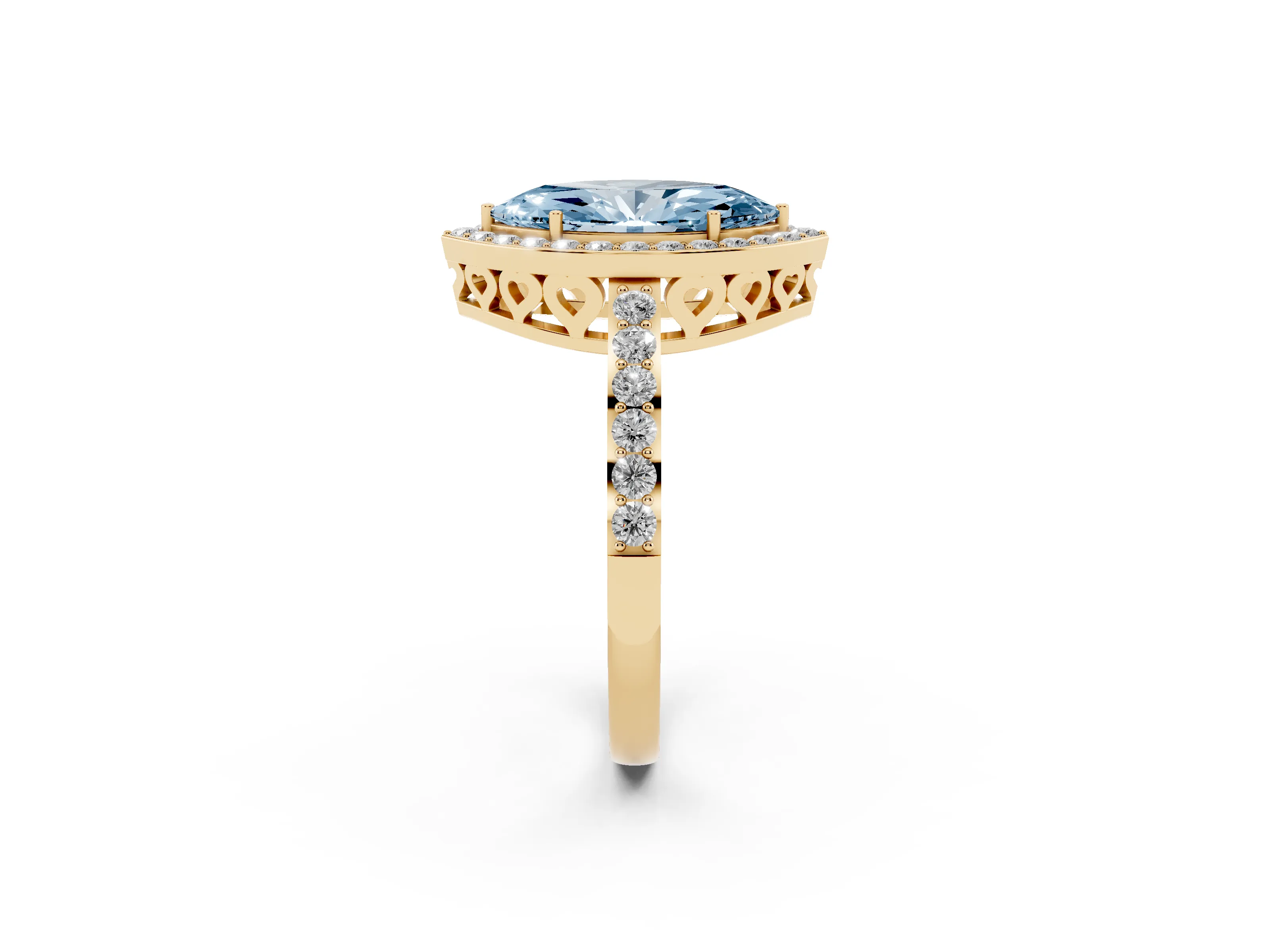Fancy Blue Marquise Cut Diamond Halo Ring Set in Yellow gold with Pavé-Setting Band and Open Prong Center