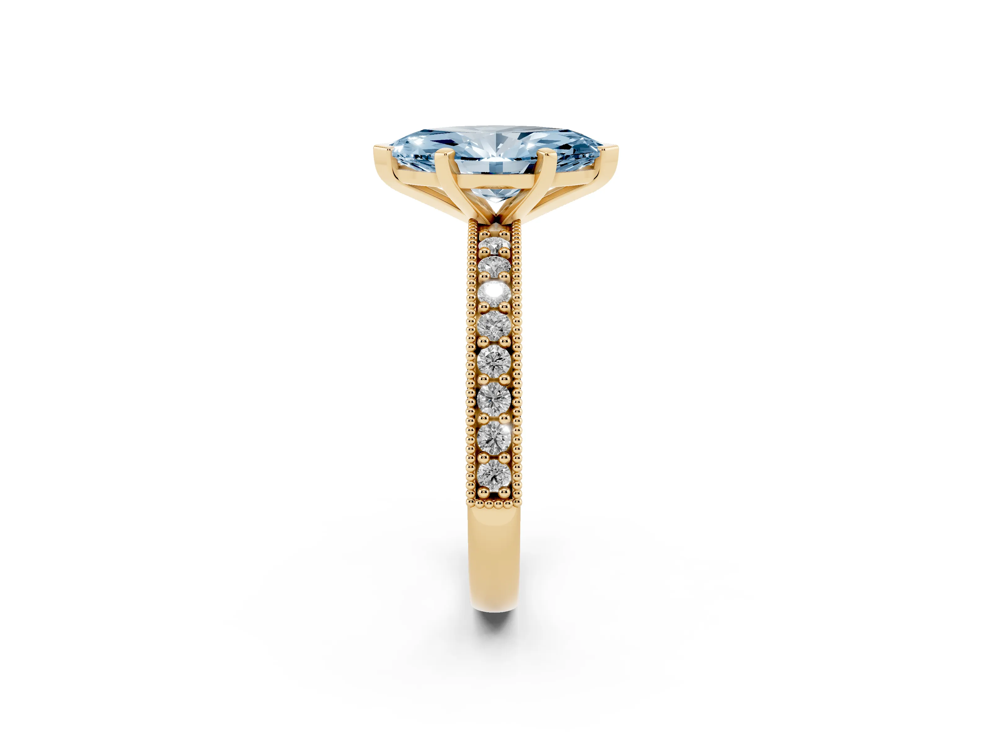 Fancy Blue Marquise Cut Diamond Milgrain Pavé Engagement Ring Set in Yellow gold with Prong Setting