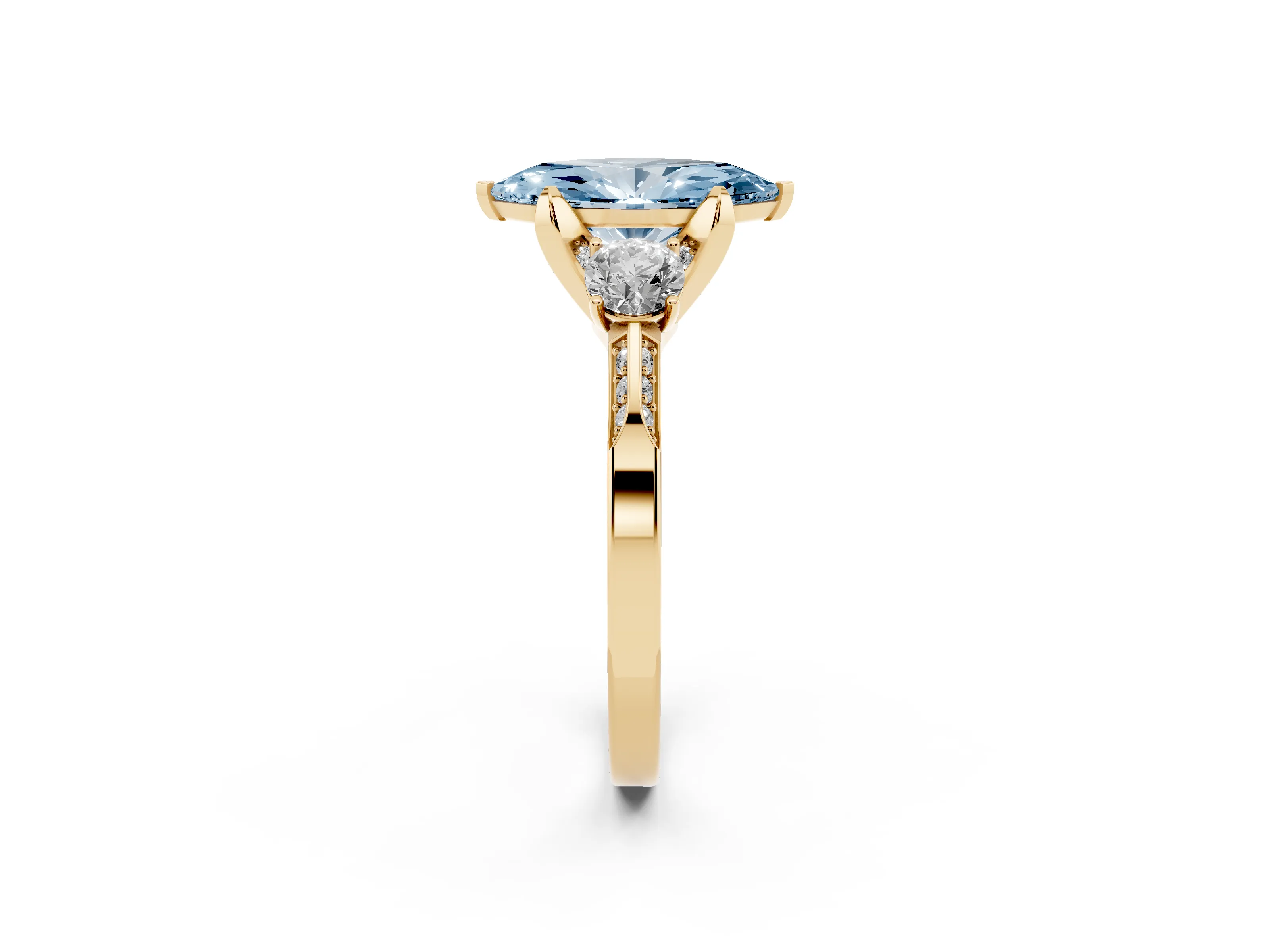 Fancy Blue Marquise Cut Diamond Three-Stone Ring Set in Yellow gold with Pavé Band and Smaller Side Stones