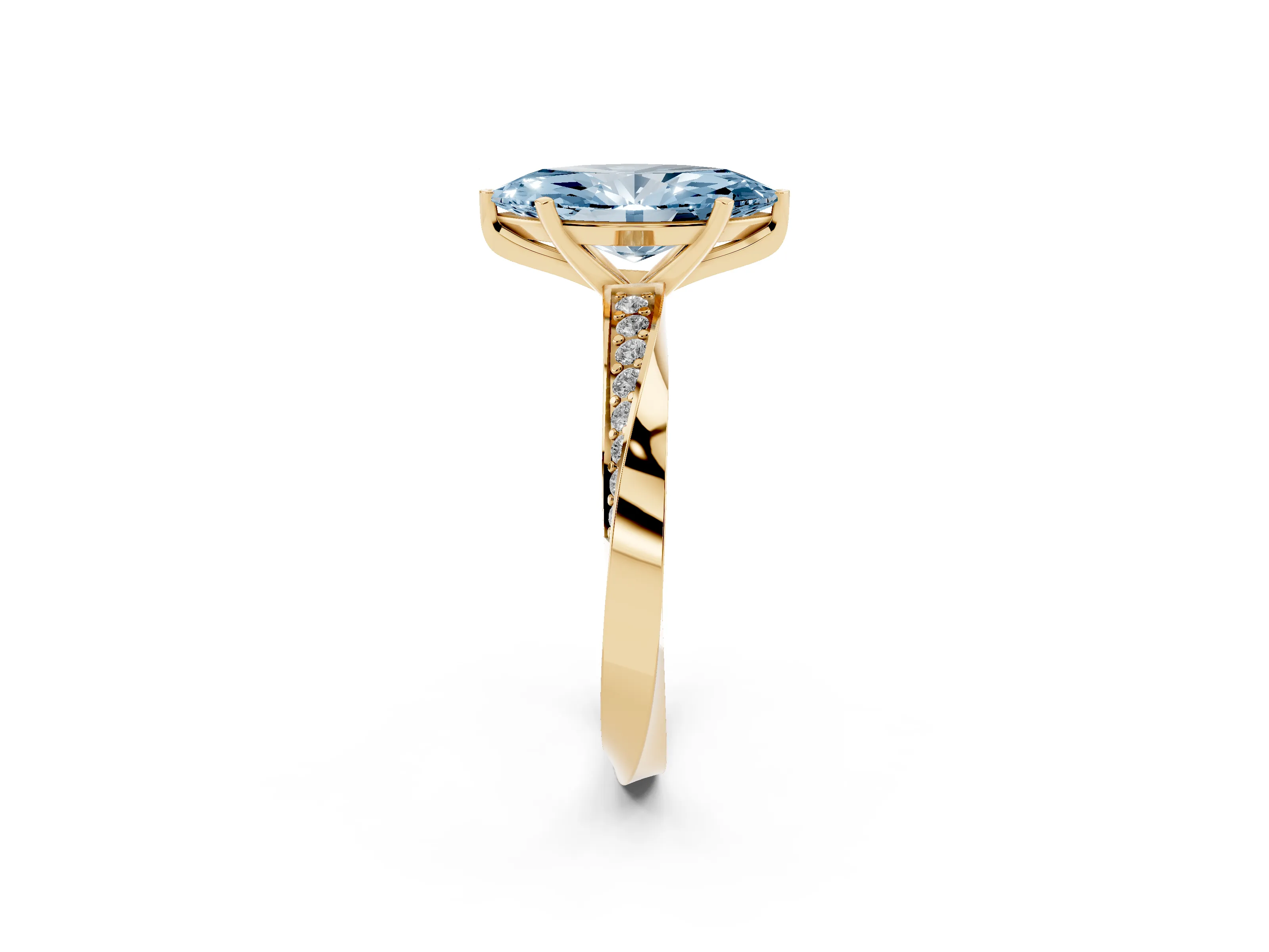 Fancy Blue Marquise Cut Diamond Engagement Ring Set in Yellow gold with Side Stone Accents and Prong Setting
