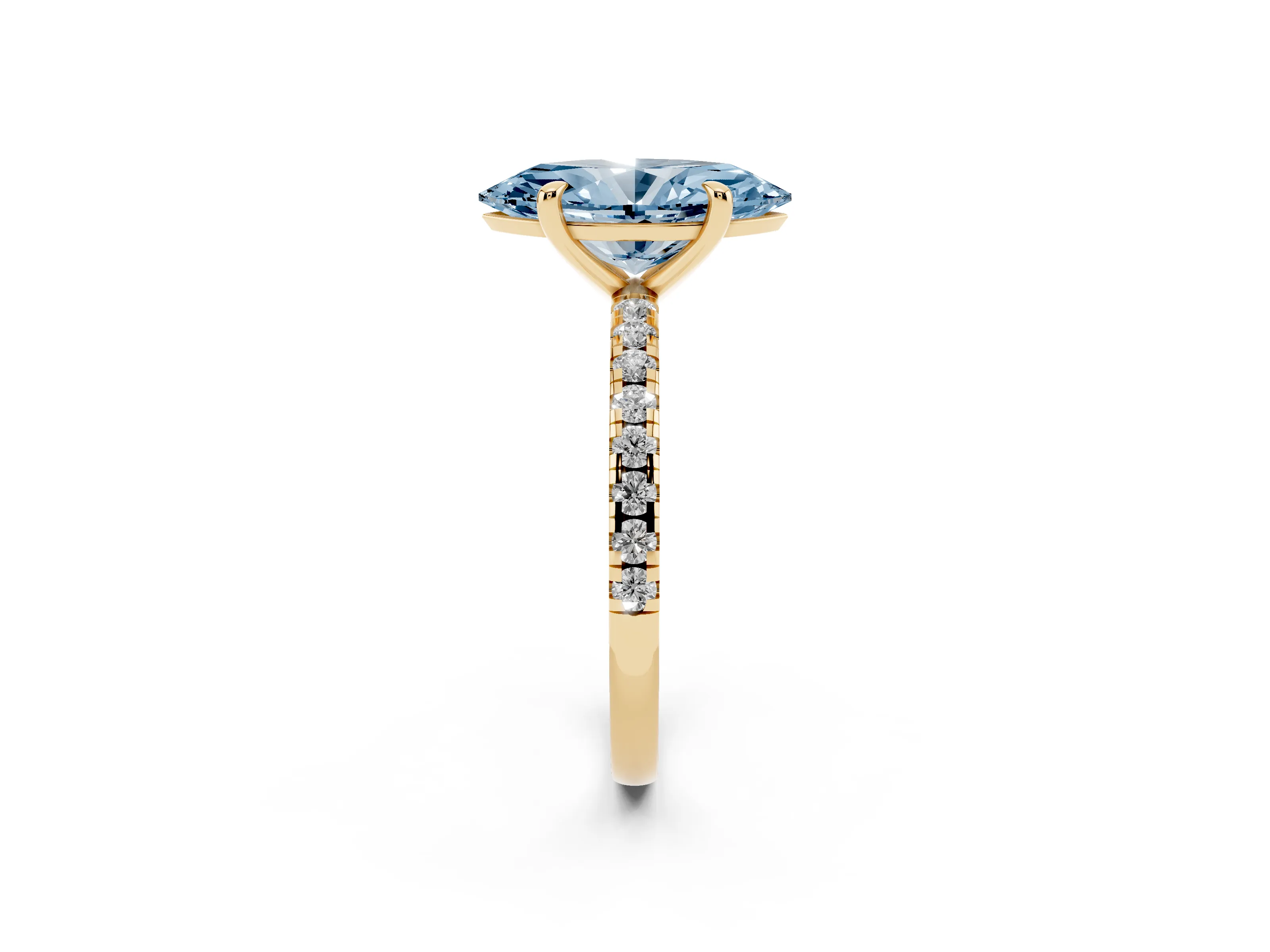 Fancy Blue Marquise Cut Diamond Brilliant Solitaire Ring Set in Yellow gold with Pavé Band and Prong Setting
