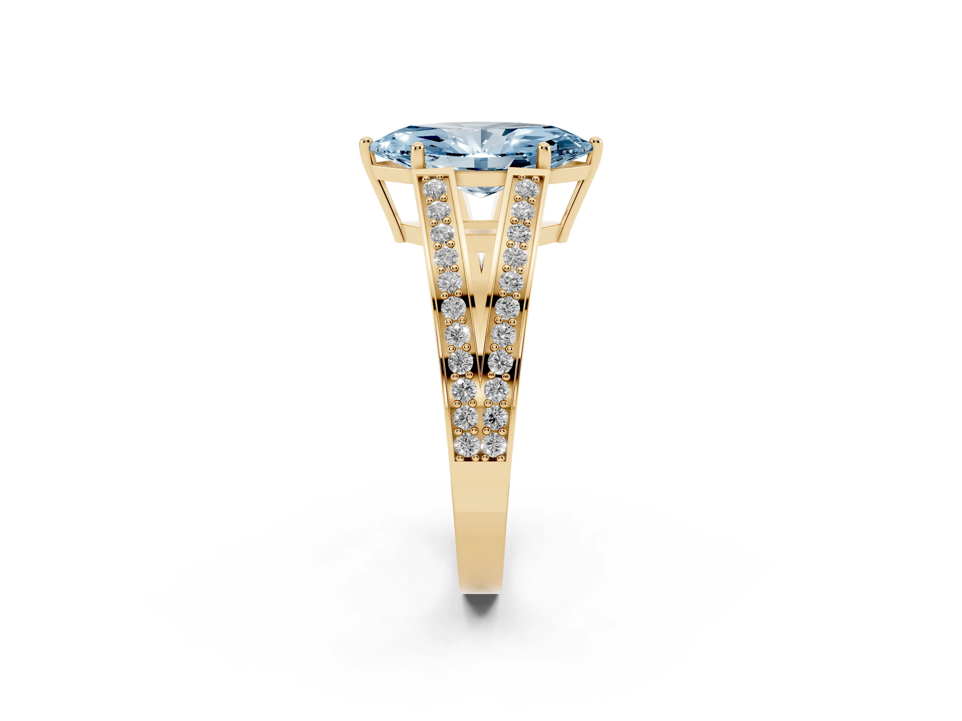 Fancy Blue Marquise Cut Diamond Split Shank Ring Set in Yellow gold with Pavé Band and Prong Setting