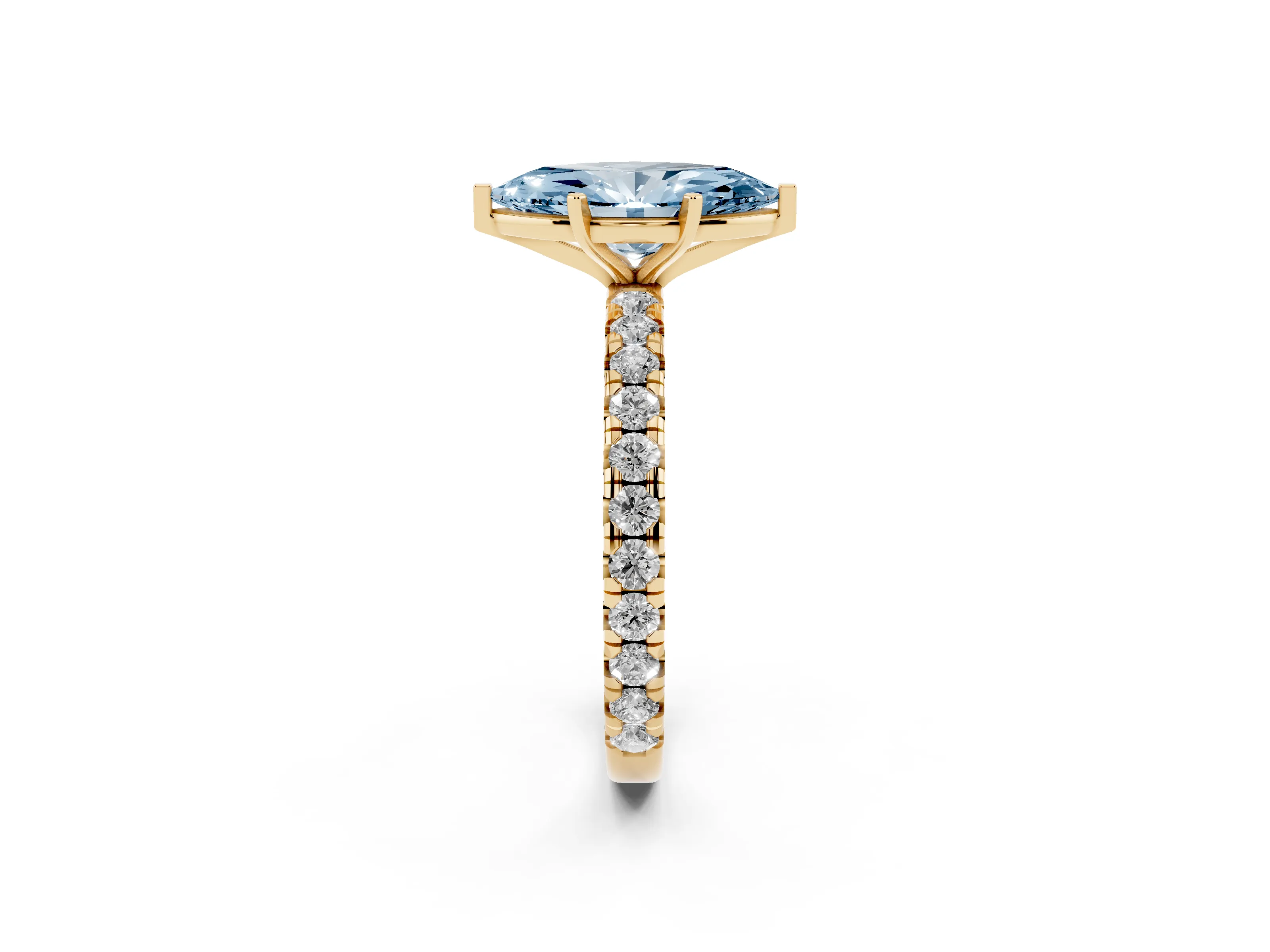 Fancy Blue Marquise Cut Diamond Pavé Solitaire Ring Set in Yellow gold with Round Band and Prong Setting