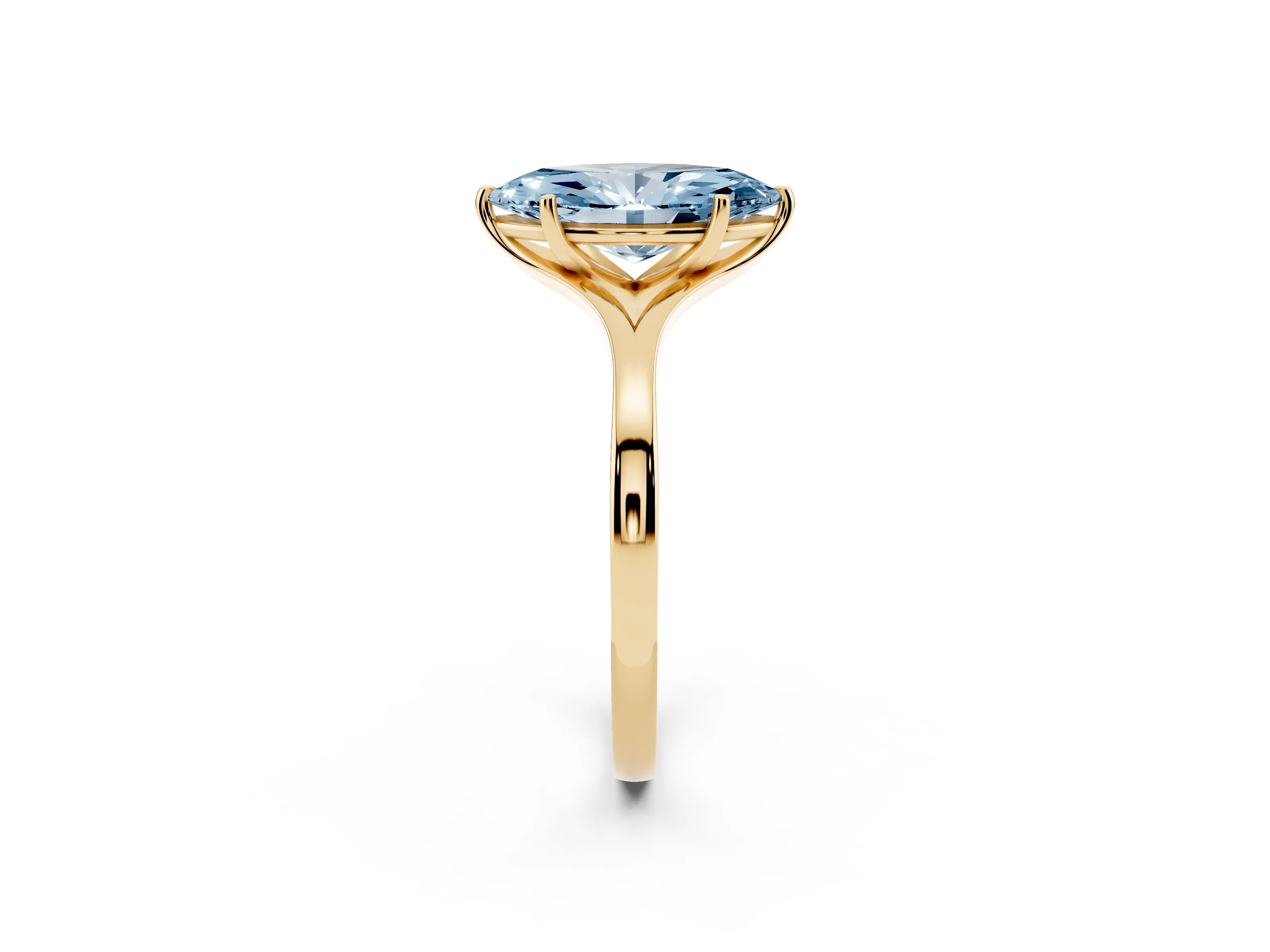 Fancy Blue Marquise Cut Diamond Solitaire Ring Set in Yellow gold with Polished Tapered Band and Prong Setting