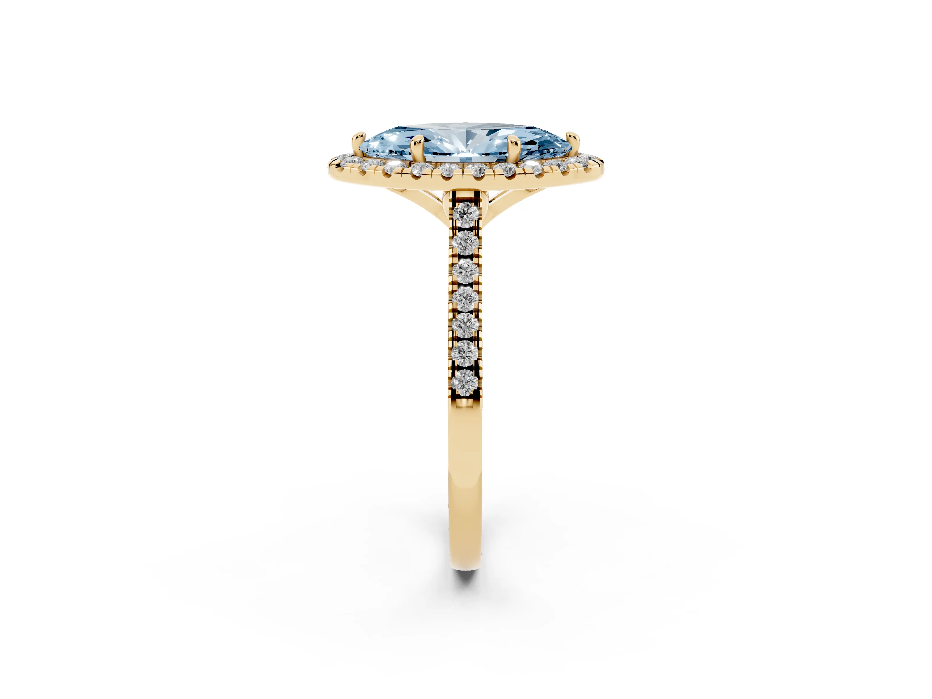 Fancy Blue Marquise Cut Diamond Cushion Halo Ring Set in Yellow gold with Pavé Band