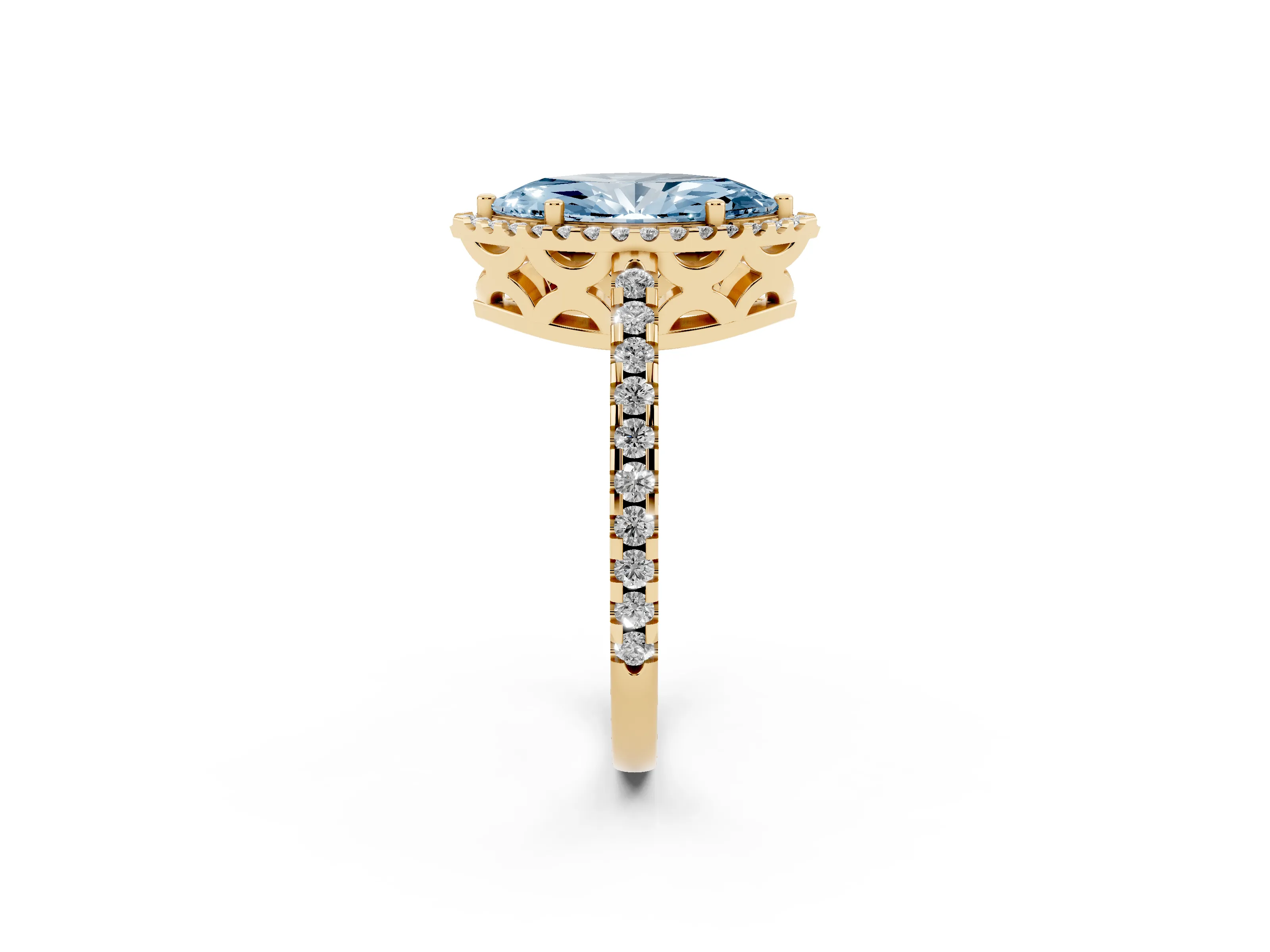 Fancy Blue Marquise Cut Diamond Halo Ring Set in Yellow gold with Pavé Shoulders and Halo-Framed Center