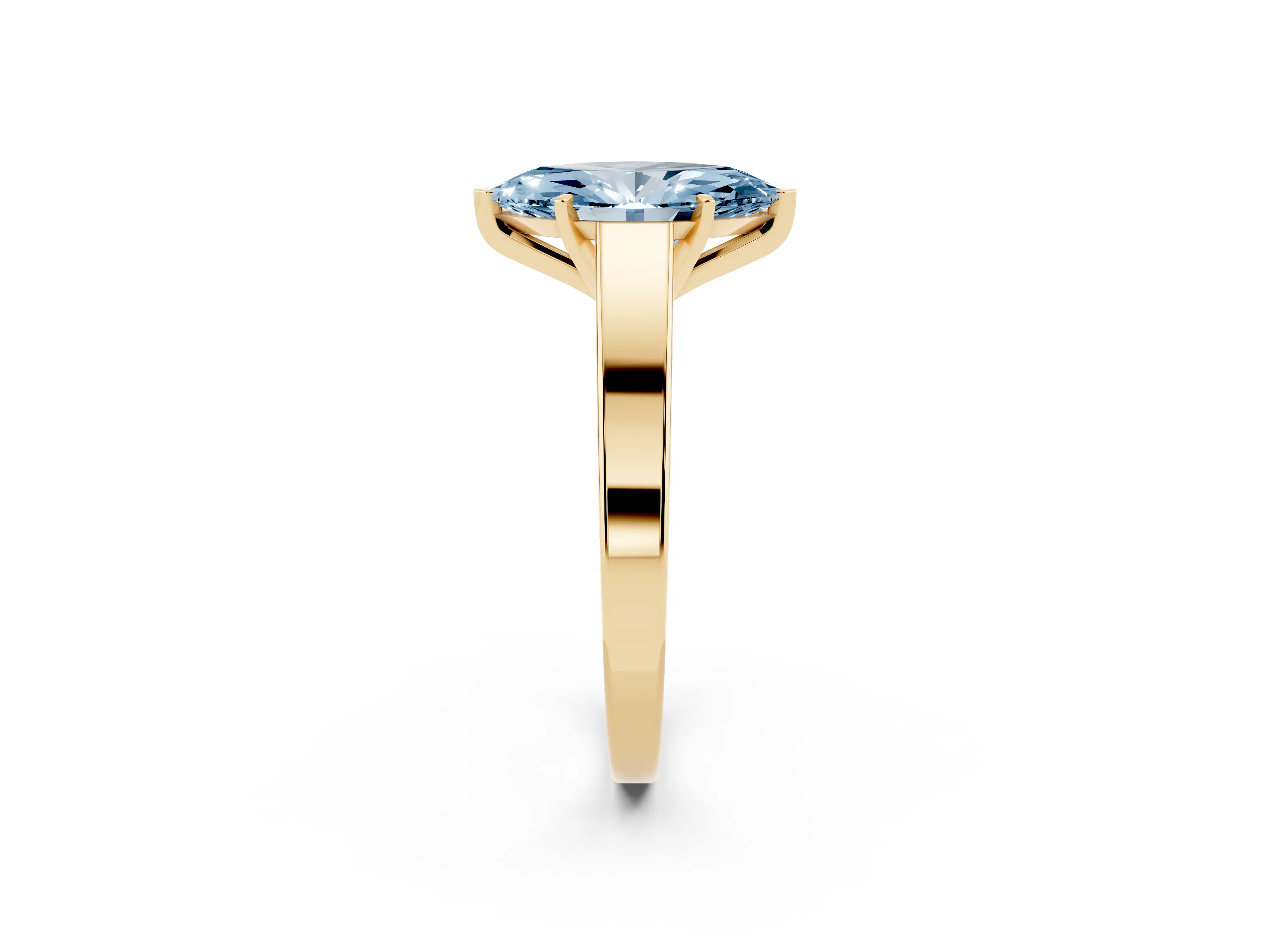 Fancy Blue Marquise Cut Diamond Solitaire Engagement Ring Set in Yellow gold with Prong Setting and Tapered Band