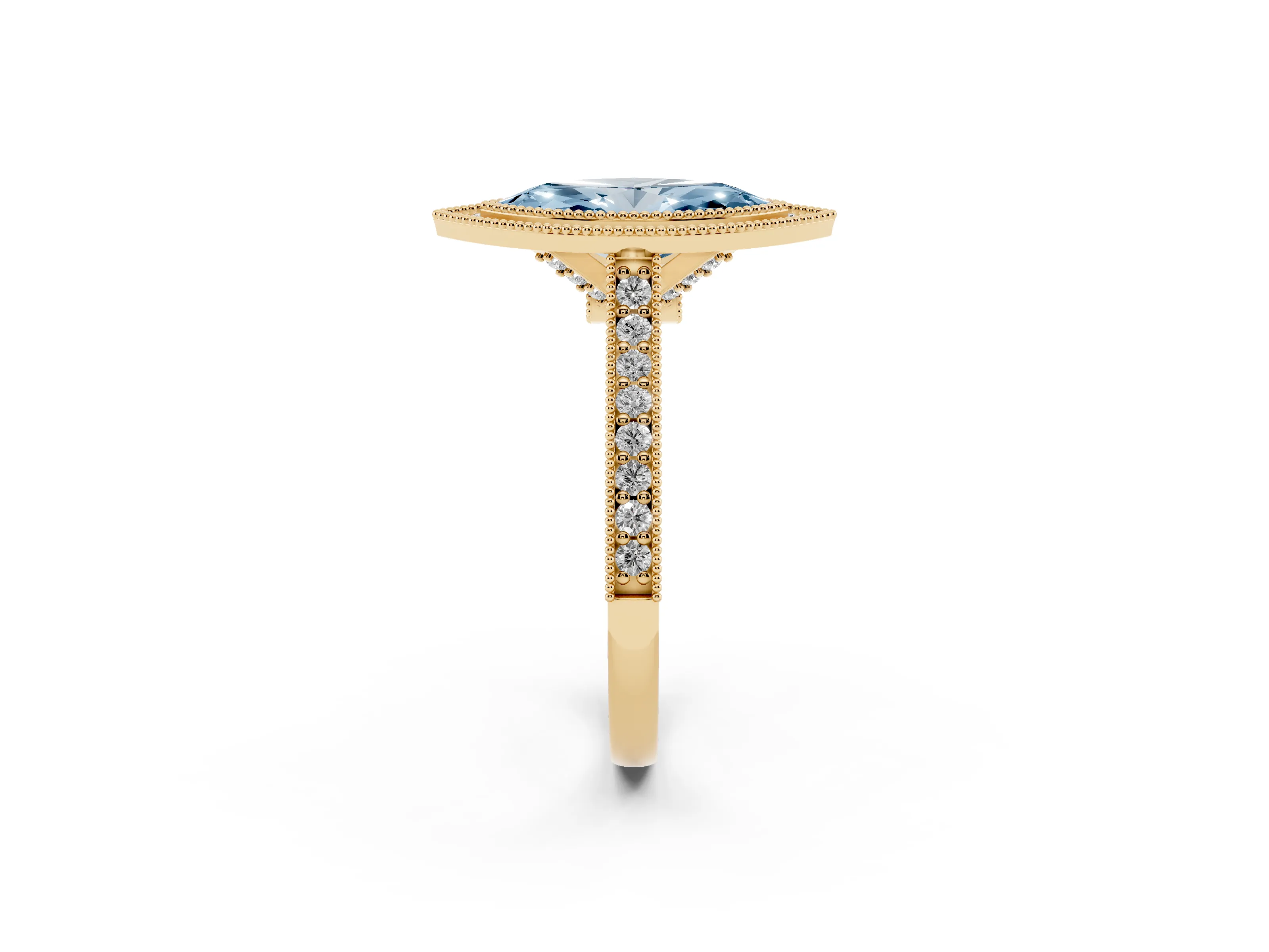 Fancy Blue Marquise Cut Diamond Halo Milgrain Pavé Band Ring Set in Yellow gold with Prong Setting