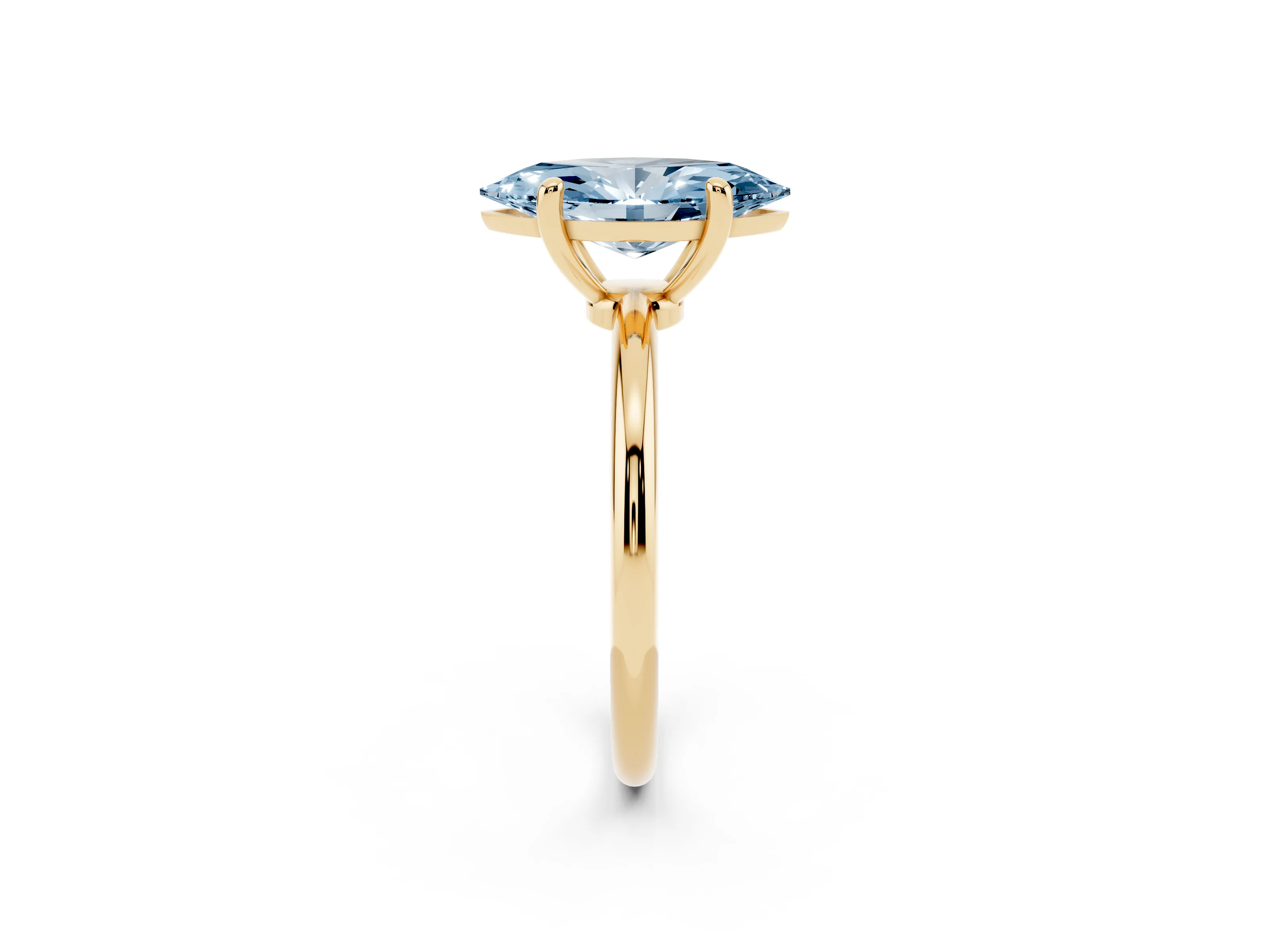 Fancy Blue Marquise Cut Diamond Solitaire Ring Set in Yellow gold with Secure Prong Setting on a Classic Band