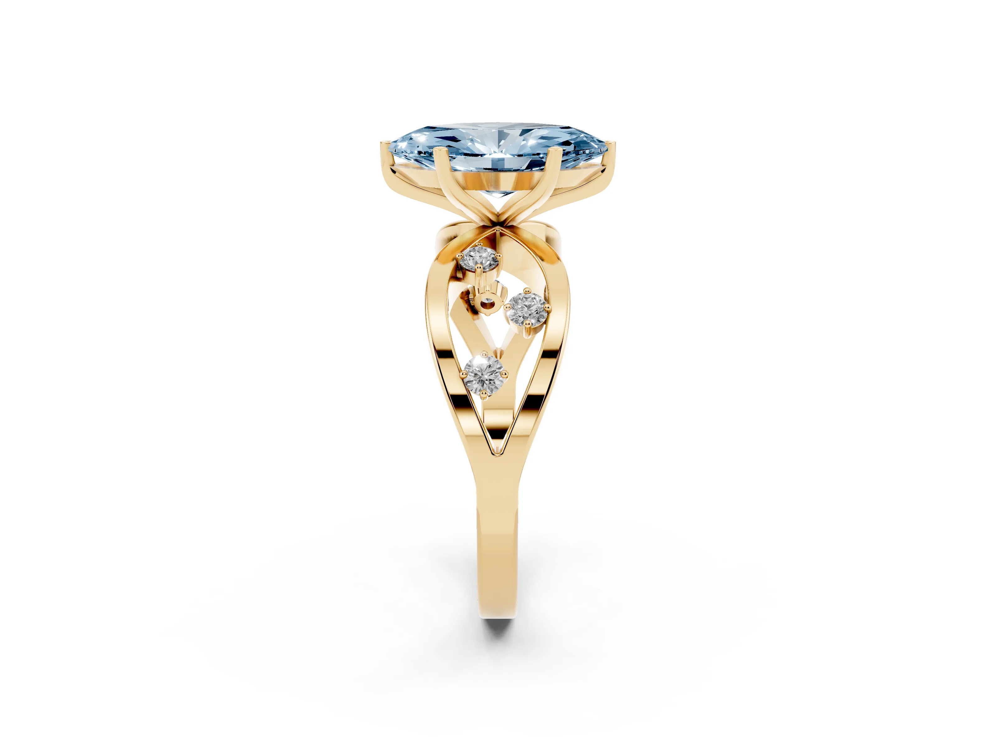 Fancy Blue Marquise Cut Diamond Solitaire Ring Set in Yellow gold with Side Stones on Criss-Cross Band and Prong Setting