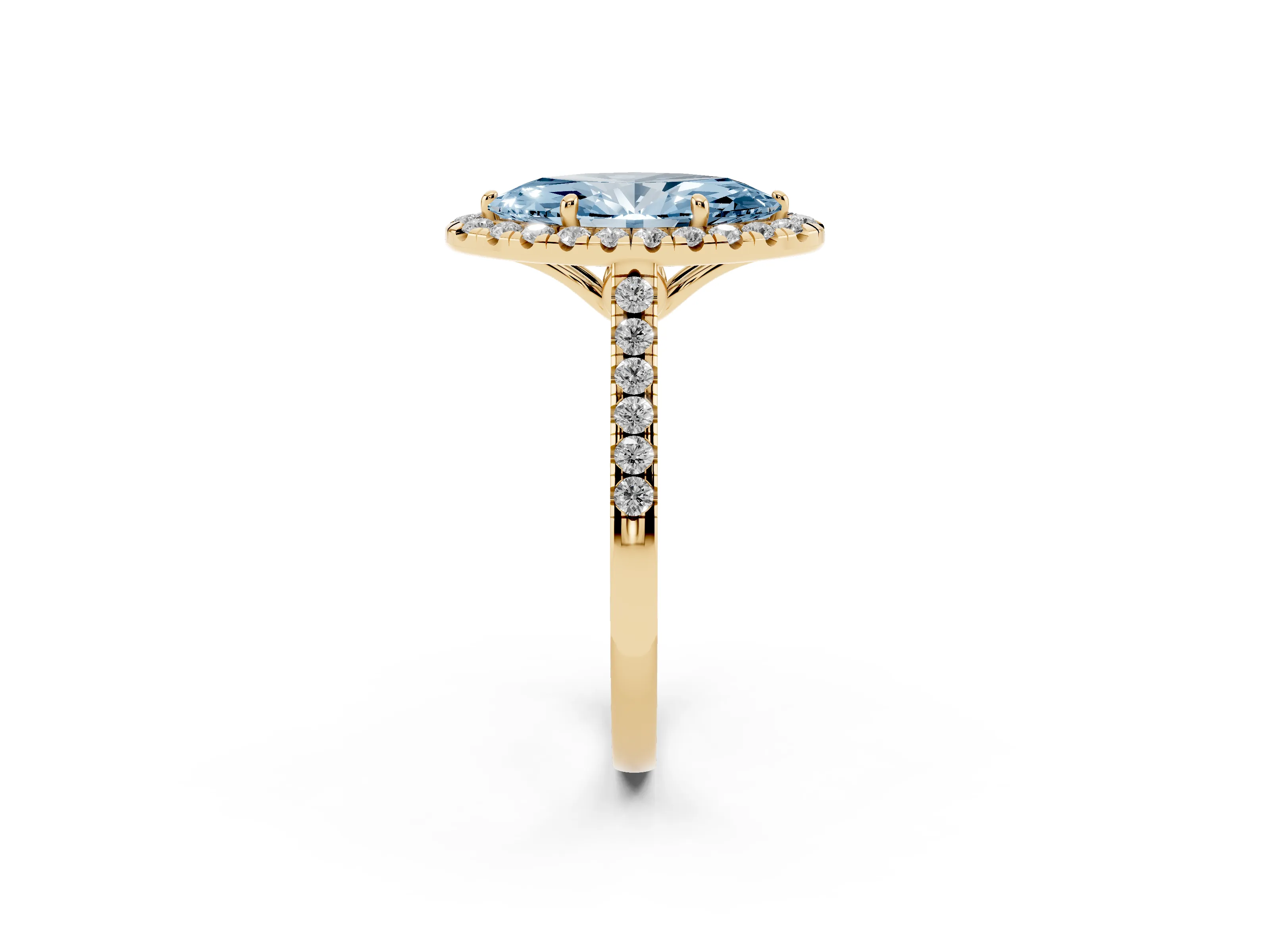 Fancy Blue Marquise Cut Diamond Pavé Halo Engagement Ring Set in Yellow gold with Pavé Band and Prong Setting