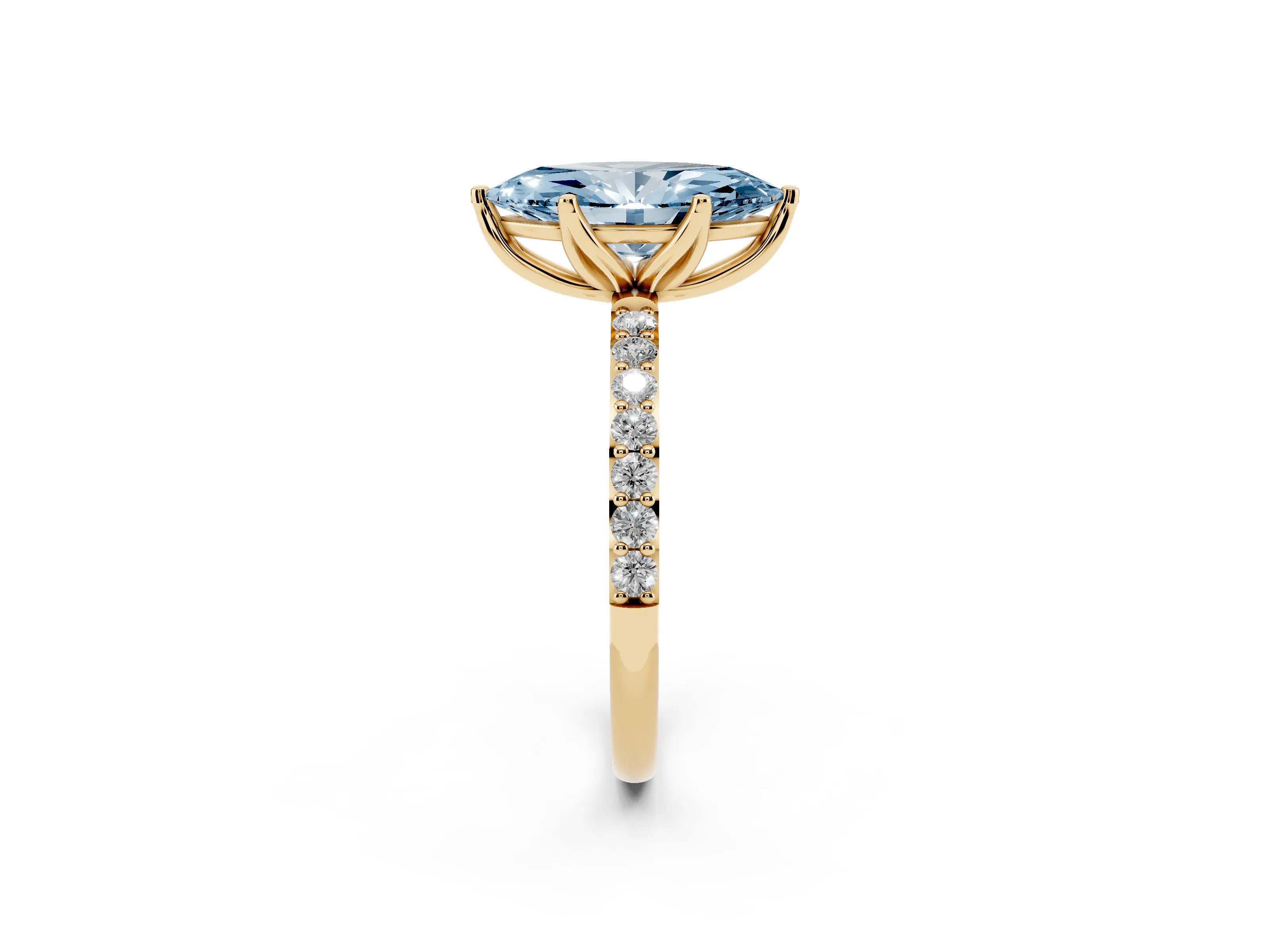 Fancy Blue Marquise Cut Diamond Solitaire Engagement Ring Set in Yellow gold with Round Pavé Band and Prong Setting