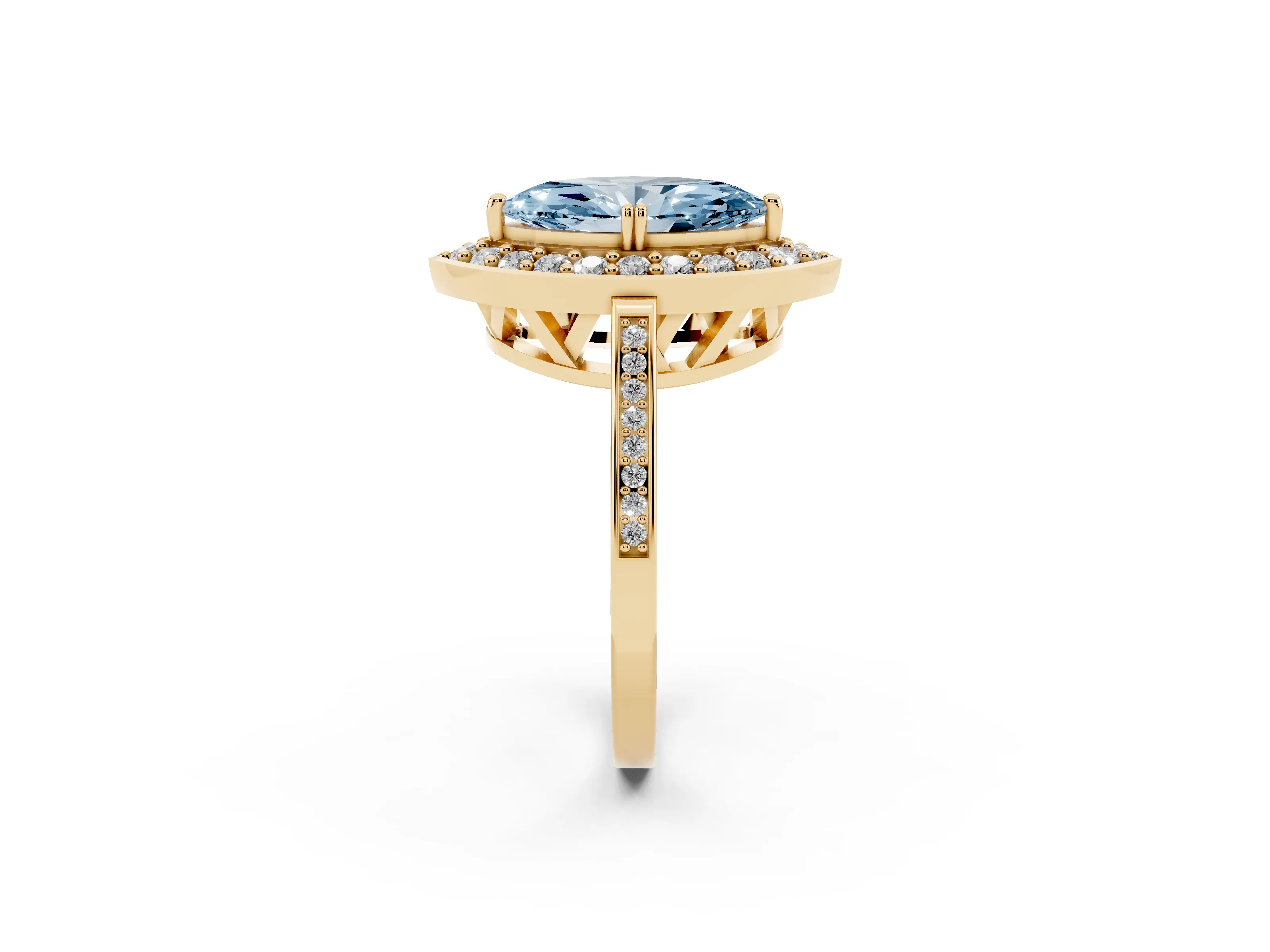 Fancy Blue Marquise Cut Diamond Halo Ring Set in Yellow gold with Accent-Lined Split Shank and Prong Setting