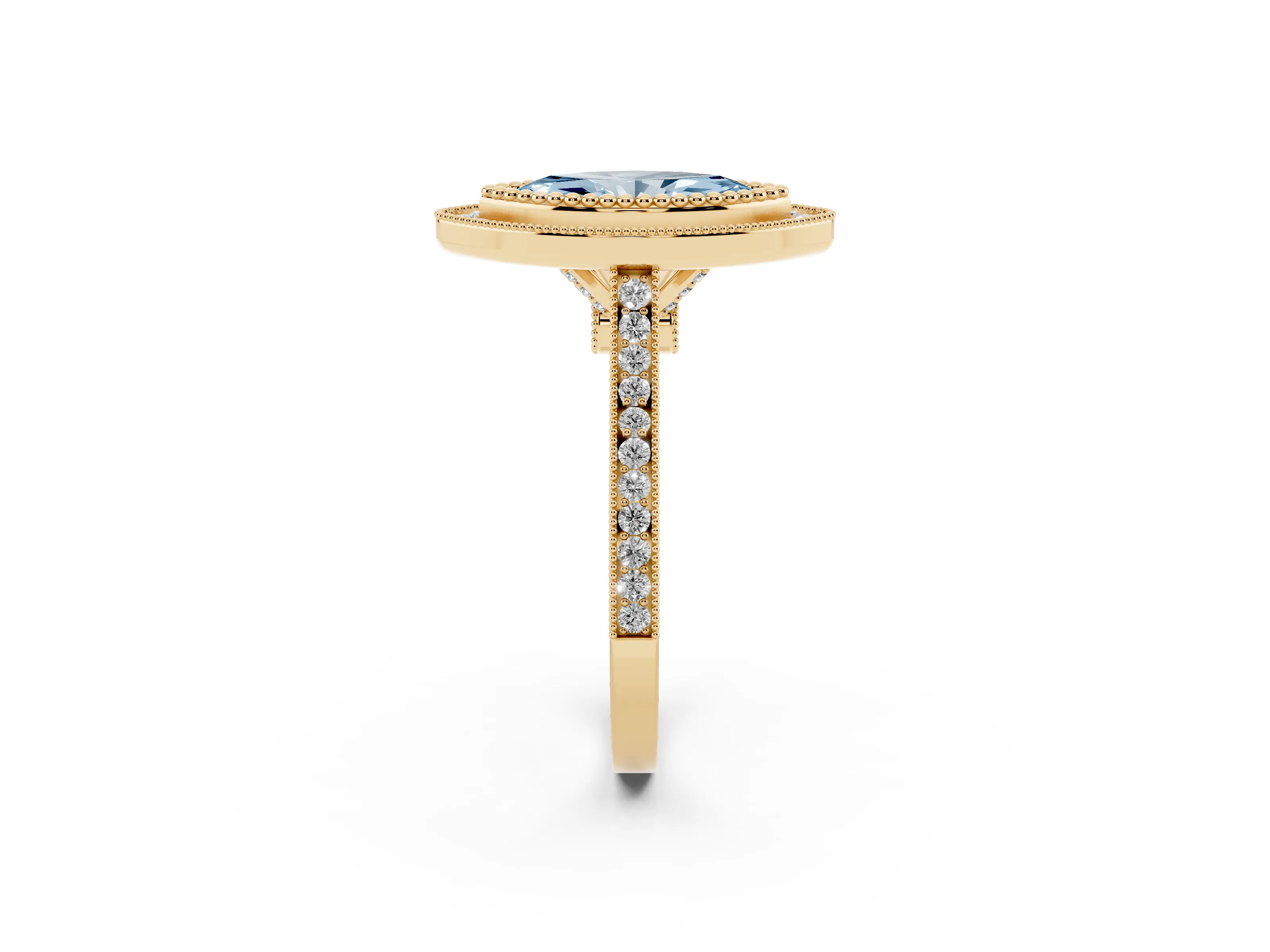 Fancy Blue Marquise Cut Diamond Halo Ring Set in Yellow gold with Milgrain Frame and Pavé Band