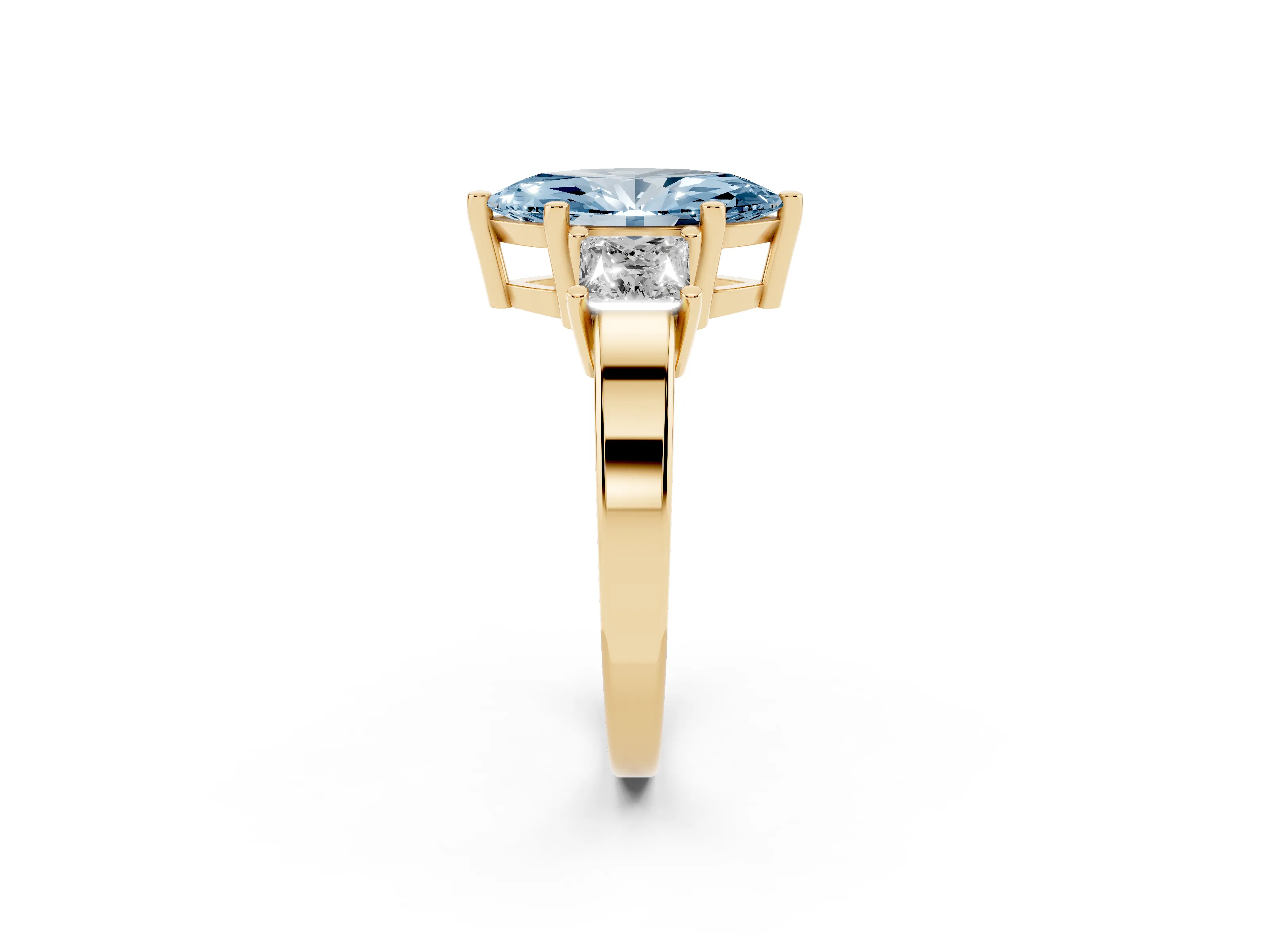 Fancy Blue Three-Stone Marquise Cut Diamond Solitaire Ring Set in Yellow gold with Prong Setting
