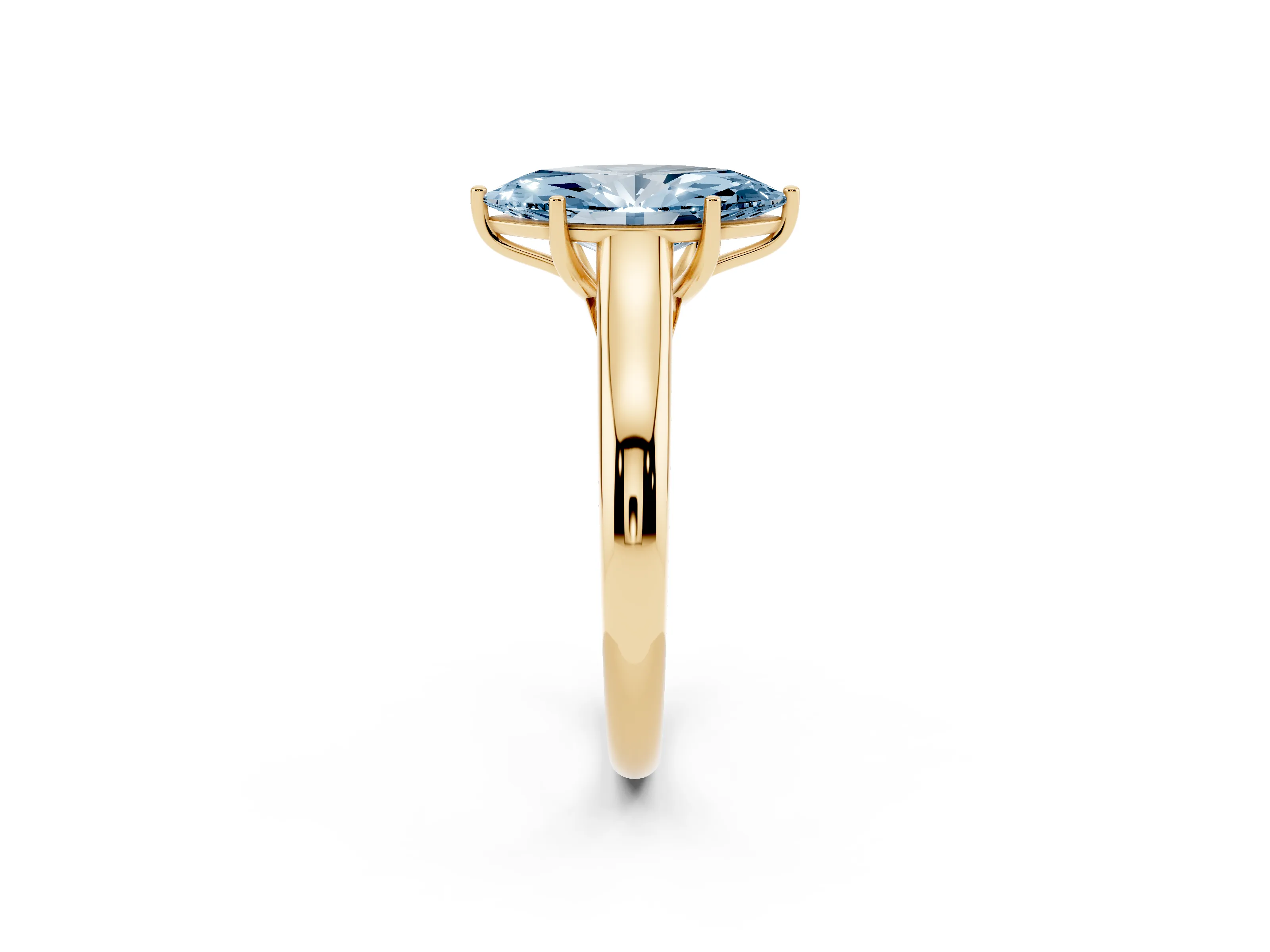Fancy Blue Marquise Cut Diamond Solitaire Engagement Ring Set in Yellow gold with Subtly Tapered Band and Prong Setting