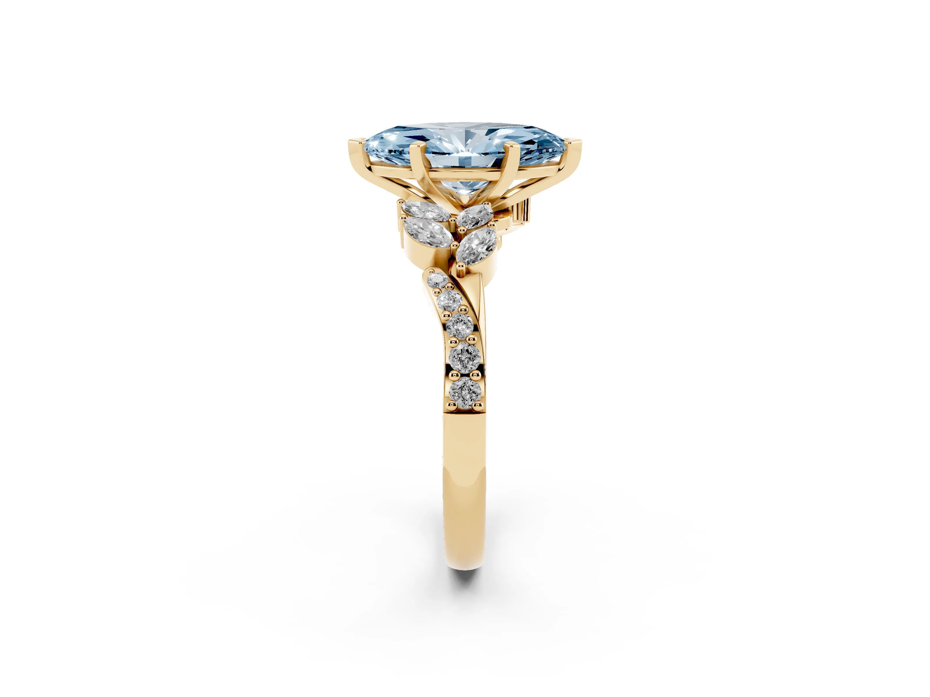 Fancy Blue Marquise Cut Diamond Solitaire Ring Set in Yellow gold with Marquise Twist Band and Prong Setting