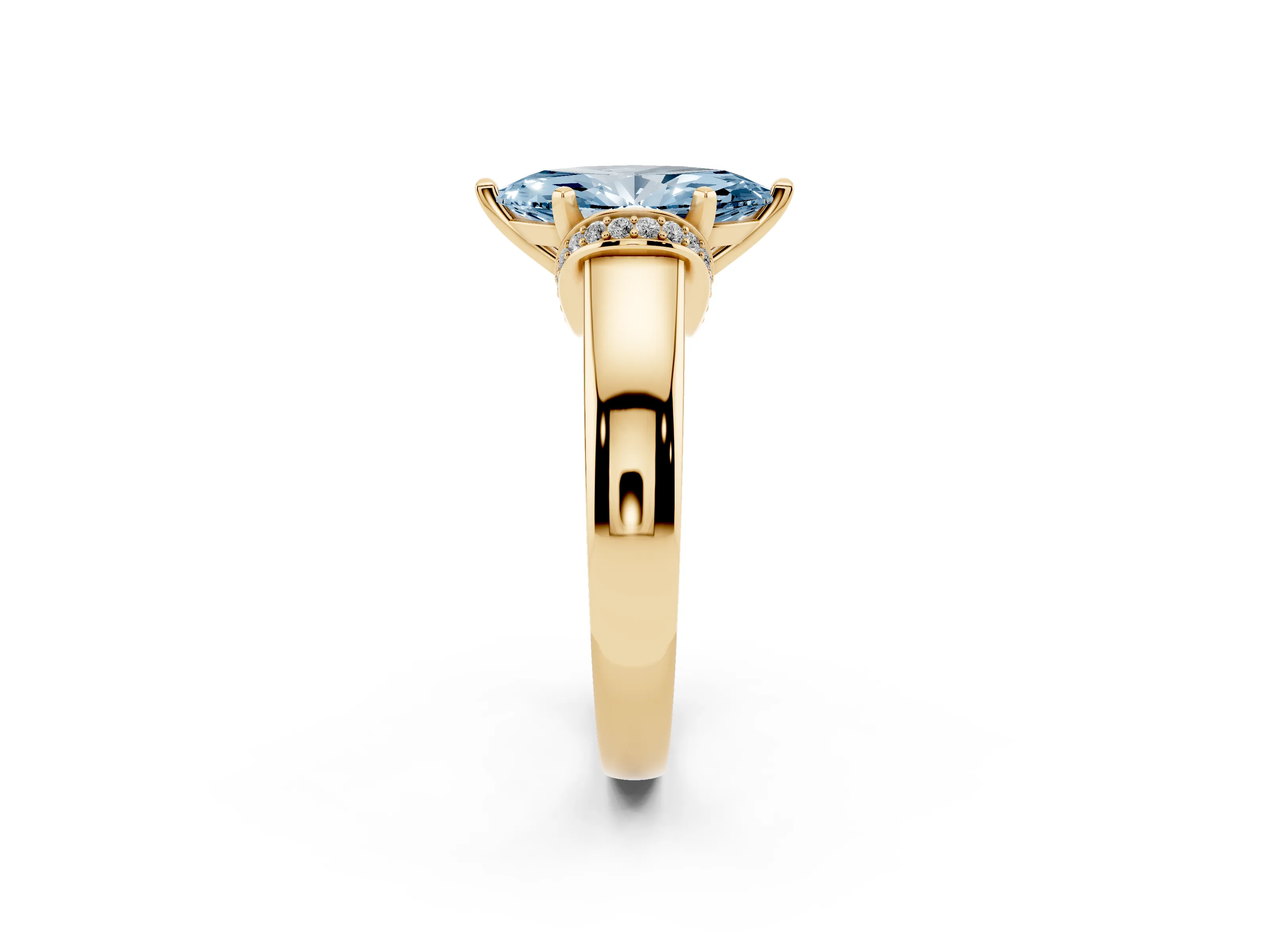 Fancy Blue Marquise Cut Diamond Pavé Band Solitaire Ring Set in Yellow gold with Prong Setting