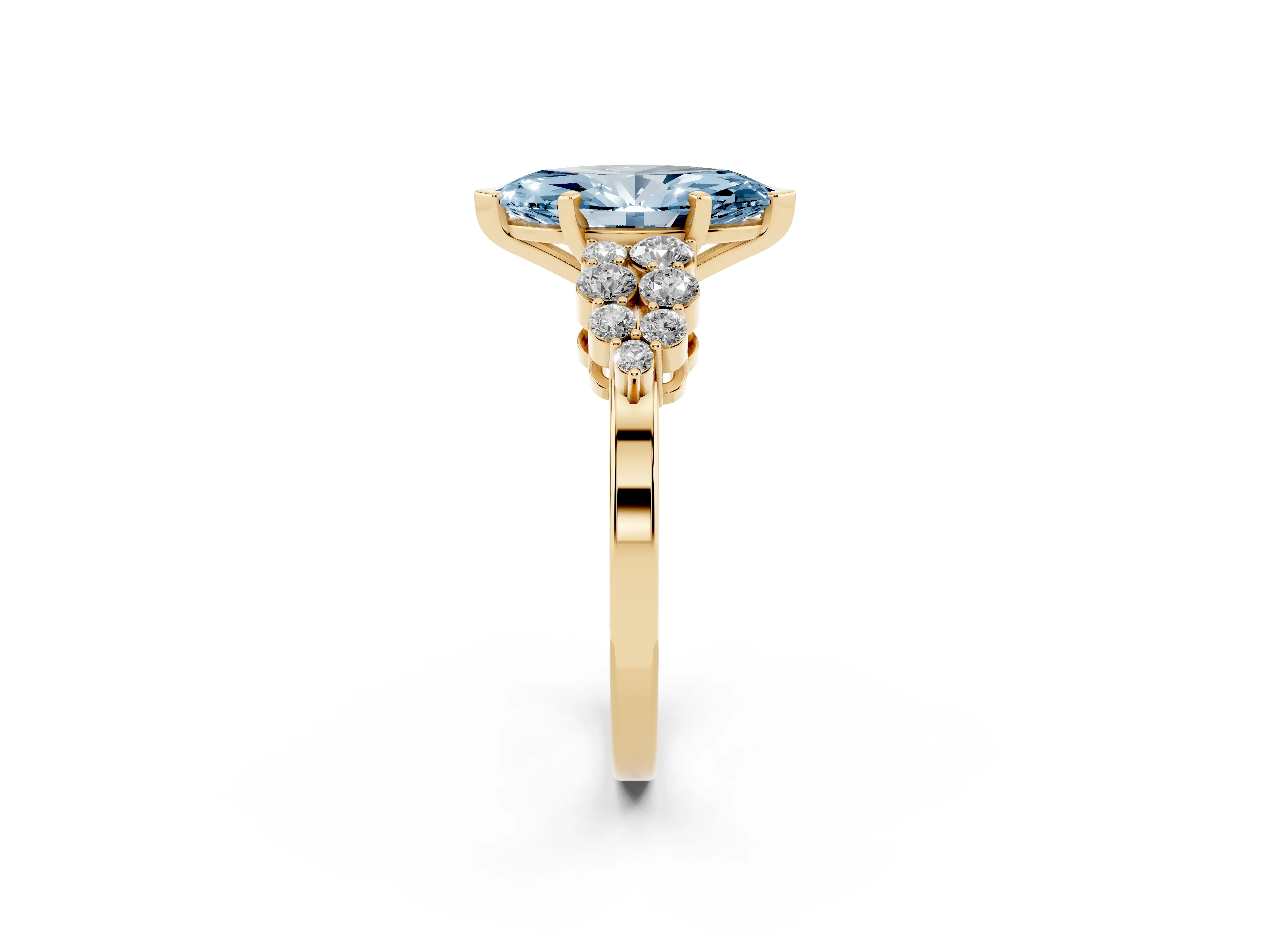 Fancy Blue Marquise Cut Diamond Cluster Engagement Ring Set in Yellow gold with Pavé Band and Prong Setting